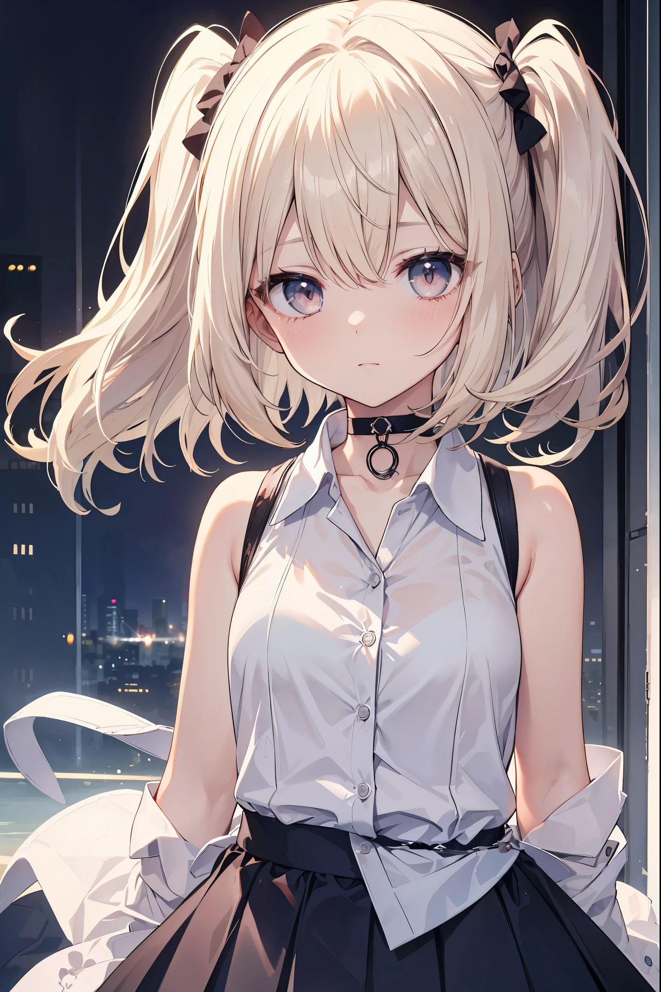Highest image quality、ultra high resolution、1girl、sleeveless white button shirt、black skirt、Black choker、cute、(platinum blonde hair:1)、((puffy eyes))、Viewer viewing information
