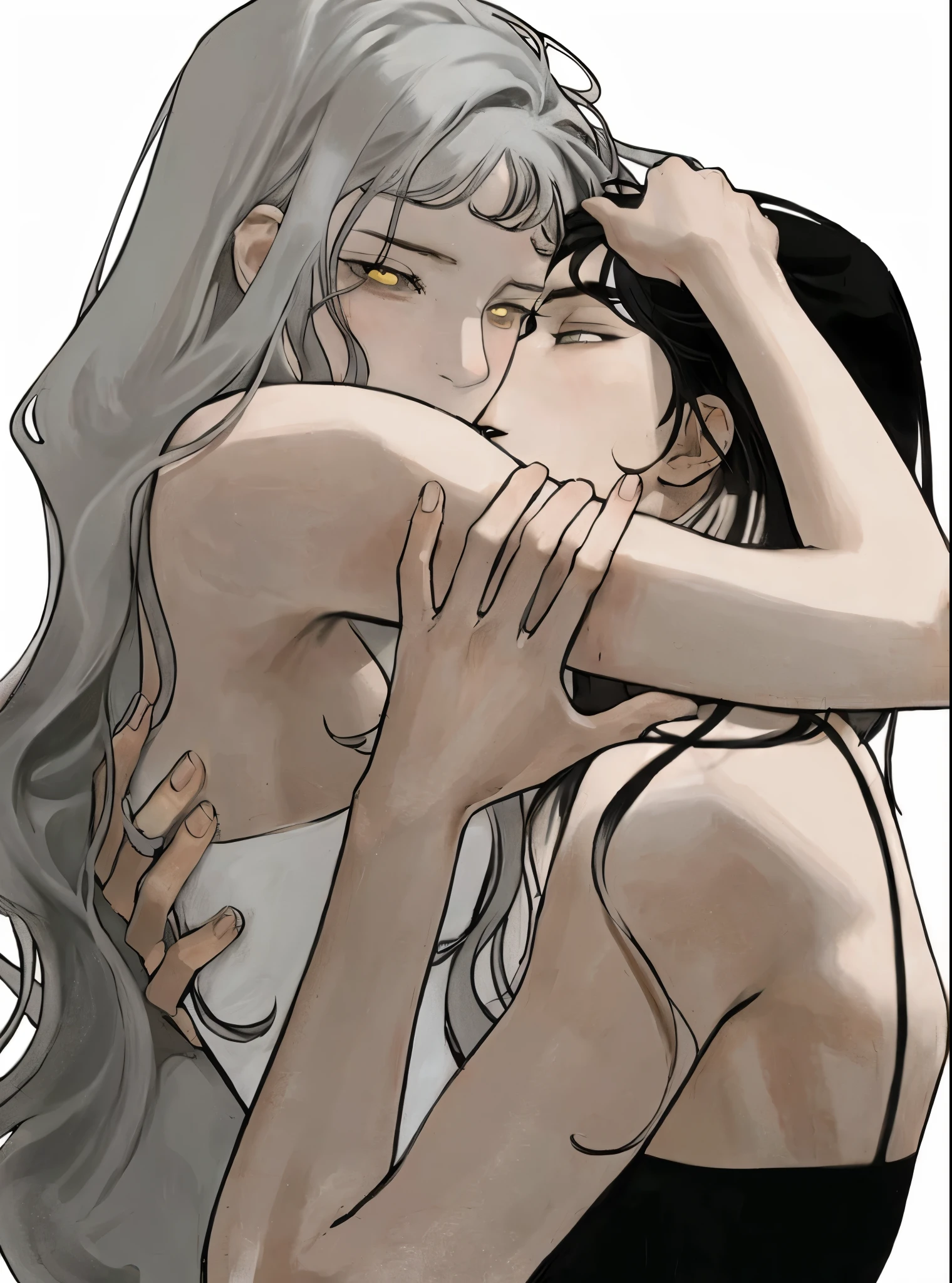 anime image of a woman hugging a woman with white background, lesbian art, Direction: Harumi Hironaka, lesbian embrace, por Kentaro Miura, they are pixivs and junji, por Yanagawa Nobusada, inspired Direction: Harumi Hironaka, ruan jia and joao ruas, Griffith, seguir, Phil Noto e Rebecca Guay