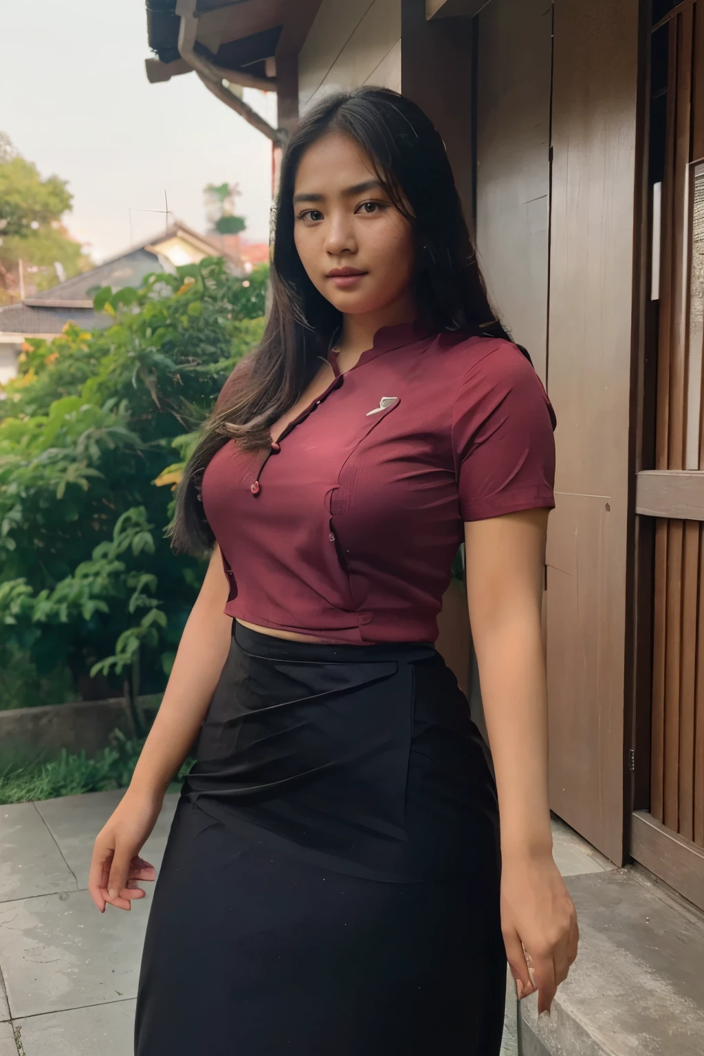 Photorealistic of a beautiful Myanmar student girl, black hair,Smooth skin, natural make up ,Thick hips ,red girl shirt and black color tie, standing outside,curvy body, (highly detailed clothes:1) (highly detailed face:1) (freckles:0. 5) ,8k ultra HD,highres,8k wallpaper,--ar 69:128 --stylize 750 --v 6,