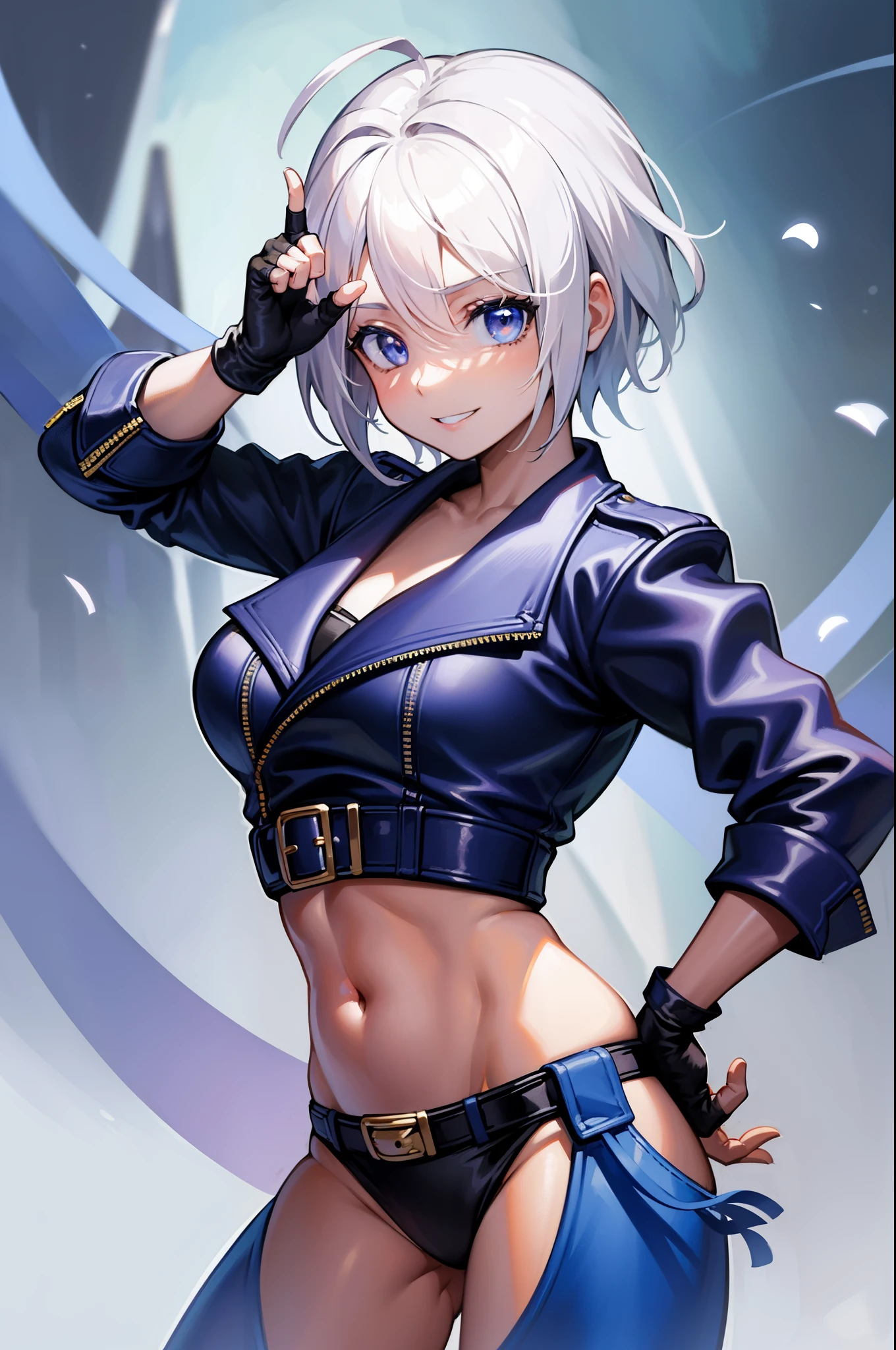 (masterpiece), best quality, expressive eyes, perfect face, highres, 1girl, solo, angelms, white hair, jacket, ahoge, fingerless gloves, midriff, hands to hips, smiling, fanstasy background, particles, magic, standing,cowboy shot, looking at the viewer, from front