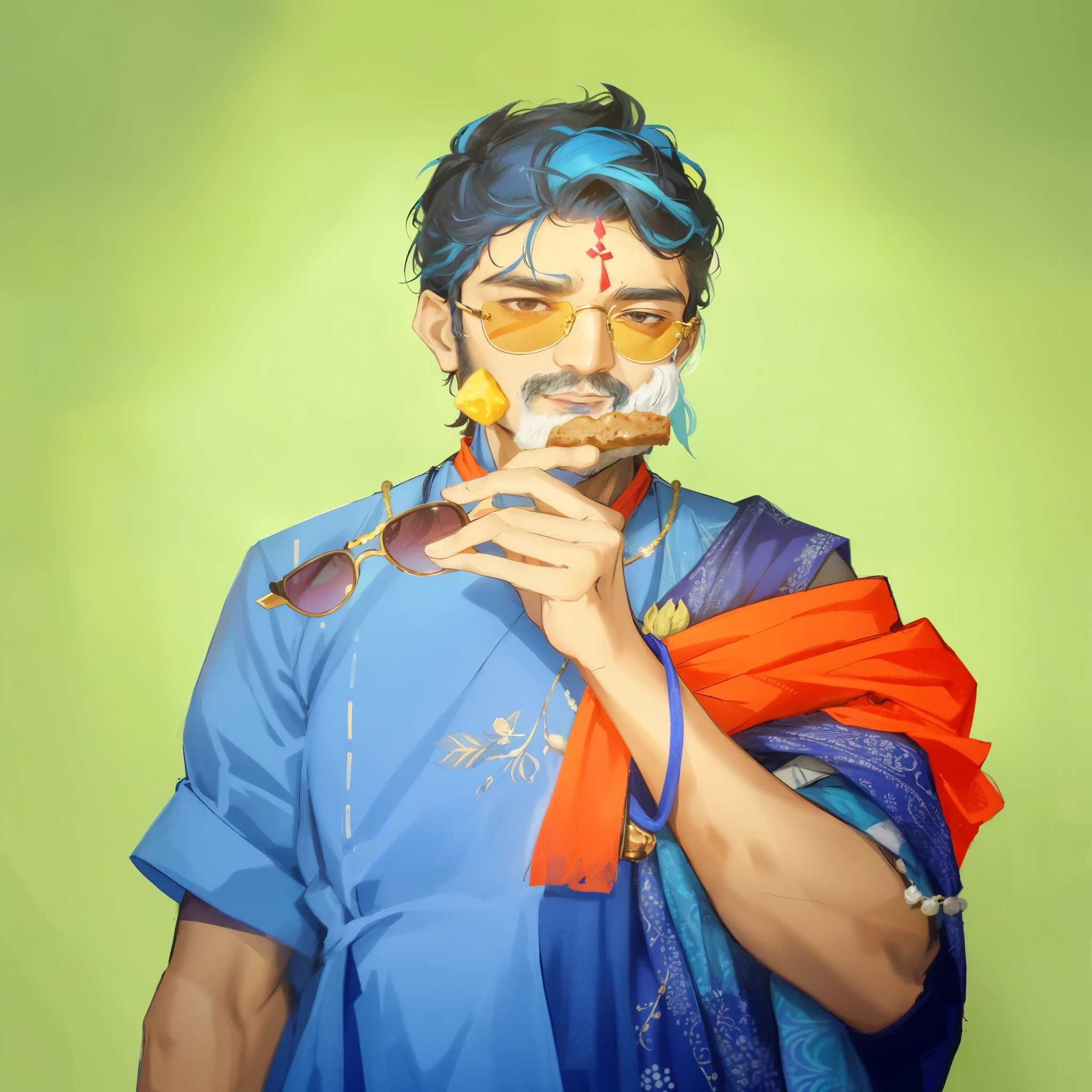 there is a man holding a piece of food in his hand, jayison devadas style, jayison devadas, ayan nag, shot on nikon z9, profile shot, inspired by Bikash Bhattacharjee, portait image, color studio portrait, color portrait, with sunglass, coloured photo, wearing bihu dress mekhela sador
