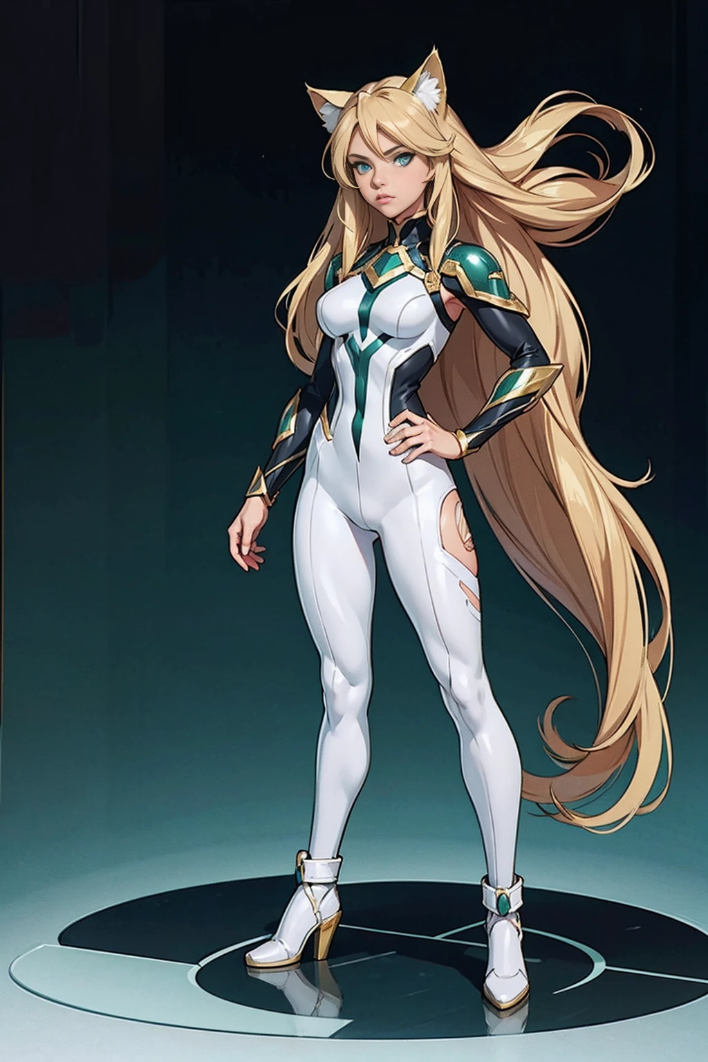 (((full body photo))) ************, girl, long blonde hair, flowing blonde hair, cat ears, green eyes, in a white full body superhero costume with leggings, masterpiece, high quality,