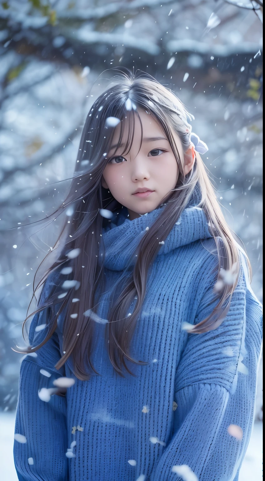 standing under the cherry tree, japanese girl, 15 years old, , cute girl, (blue oversized knitted sweater:1.3), snowing, The wind is blowing, pupils sparkling, silver long hair, depth of field, f/1.8, perfect face, super detail, high details, high quality, super detail, high details, high quality, best quality, highres