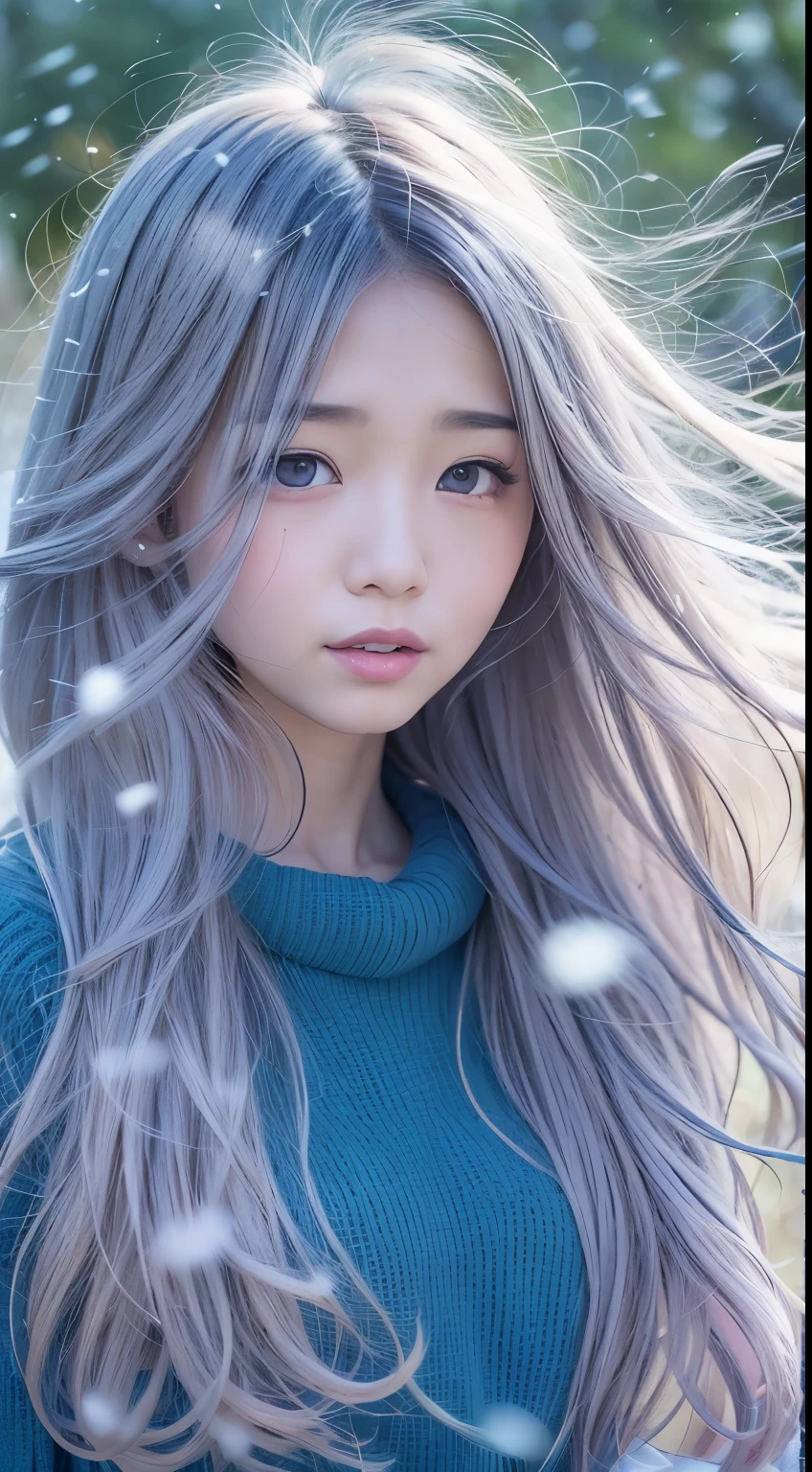 standing under the cherry tree, japanese girl, 15 years old, , cute girl, (blue oversized knitted sweater:1.3), snowing, The wind is blowing, pupils sparkling, silver long hair, depth of field, f/1.8, perfect face, super detail, high details, high quality, super detail, high details, high quality, best quality, highres