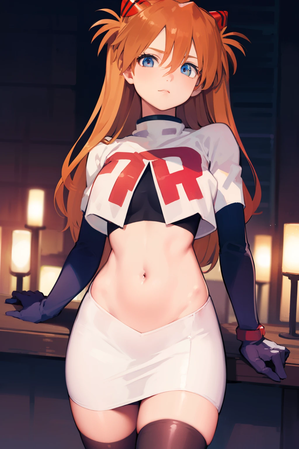 asukalangley, asuka langley soryu, (souryuu asuka langley:1.5), blue eyes, hair between eyes, headgear, interface headset, orange hair, two side up,
BREAK team rocket,team rocket uniform,white skirt,crop top,black thigh-highs,black elbow gloves
BREAK looking at viewer, (cowboy shot:1.5),
BREAK (masterpiece:1.2), best quality, high resolution, unity 8k wallpaper, (illustration:0.8), (beautiful detailed eyes:1.6), extremely detailed face, perfect lighting, extremely detailed CG, (perfect hands, perfect anatomy),