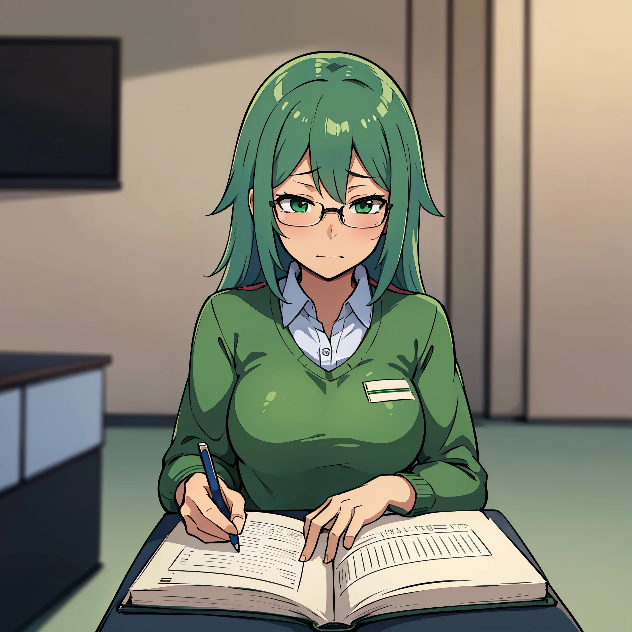 Anime illustration of an anime girl with green hair and green eyes wears glasses and wears a very tight  uniform, She has a shy look and is very blushing., She is in a classroom sitting in a chair writing in a notebook 