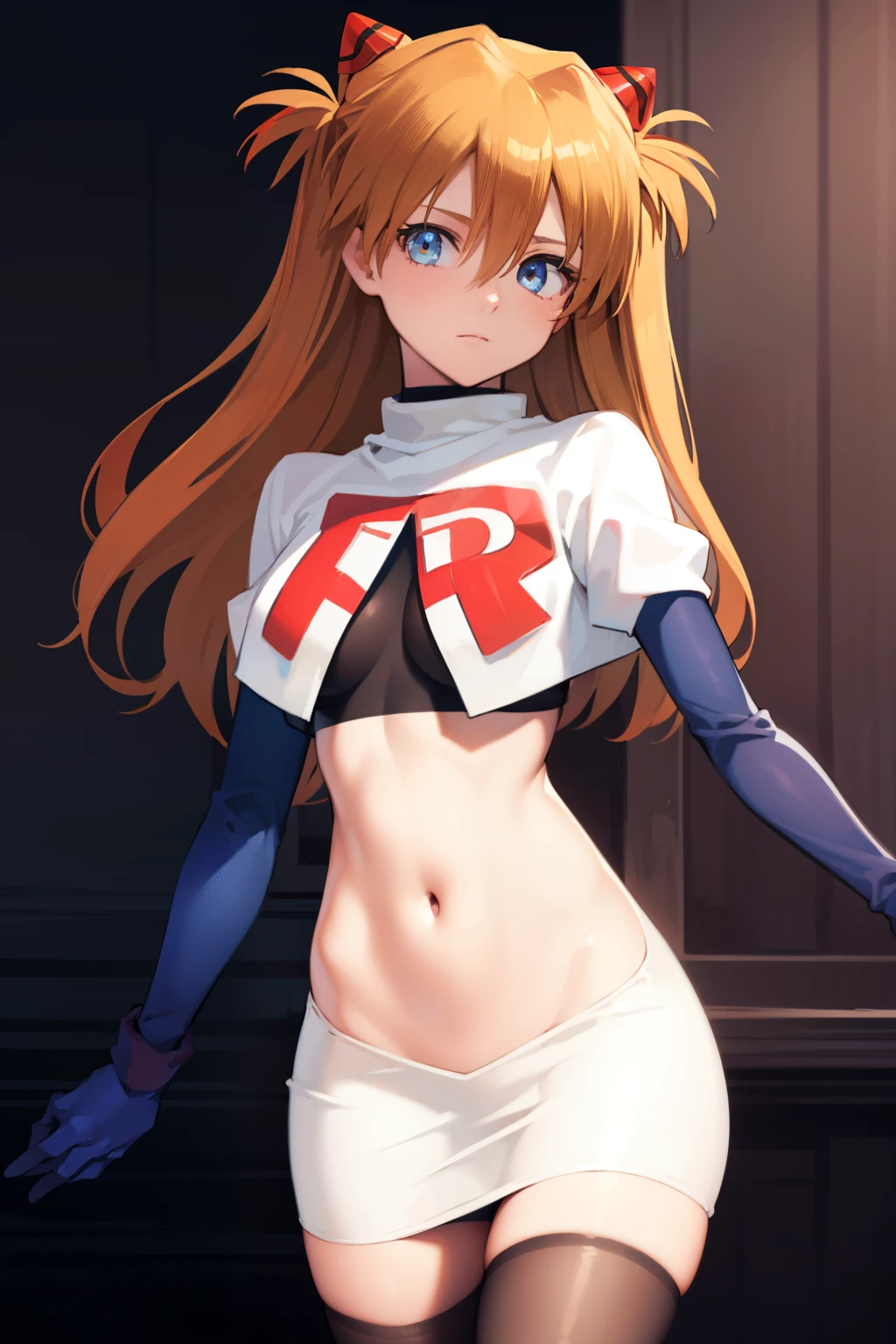 asukalangley, asuka langley soryu, (souryuu asuka langley:1.5), blue eyes, hair between eyes, headgear, interface headset, orange hair, two side up,
BREAK team rocket,team rocket uniform,white skirt,crop top,black thigh-highs,black elbow gloves
BREAK looking at viewer, (cowboy shot:1.5),
BREAK (masterpiece:1.2), best quality, high resolution, unity 8k wallpaper, (illustration:0.8), (beautiful detailed eyes:1.6), extremely detailed face, perfect lighting, extremely detailed CG, (perfect hands, perfect anatomy),
