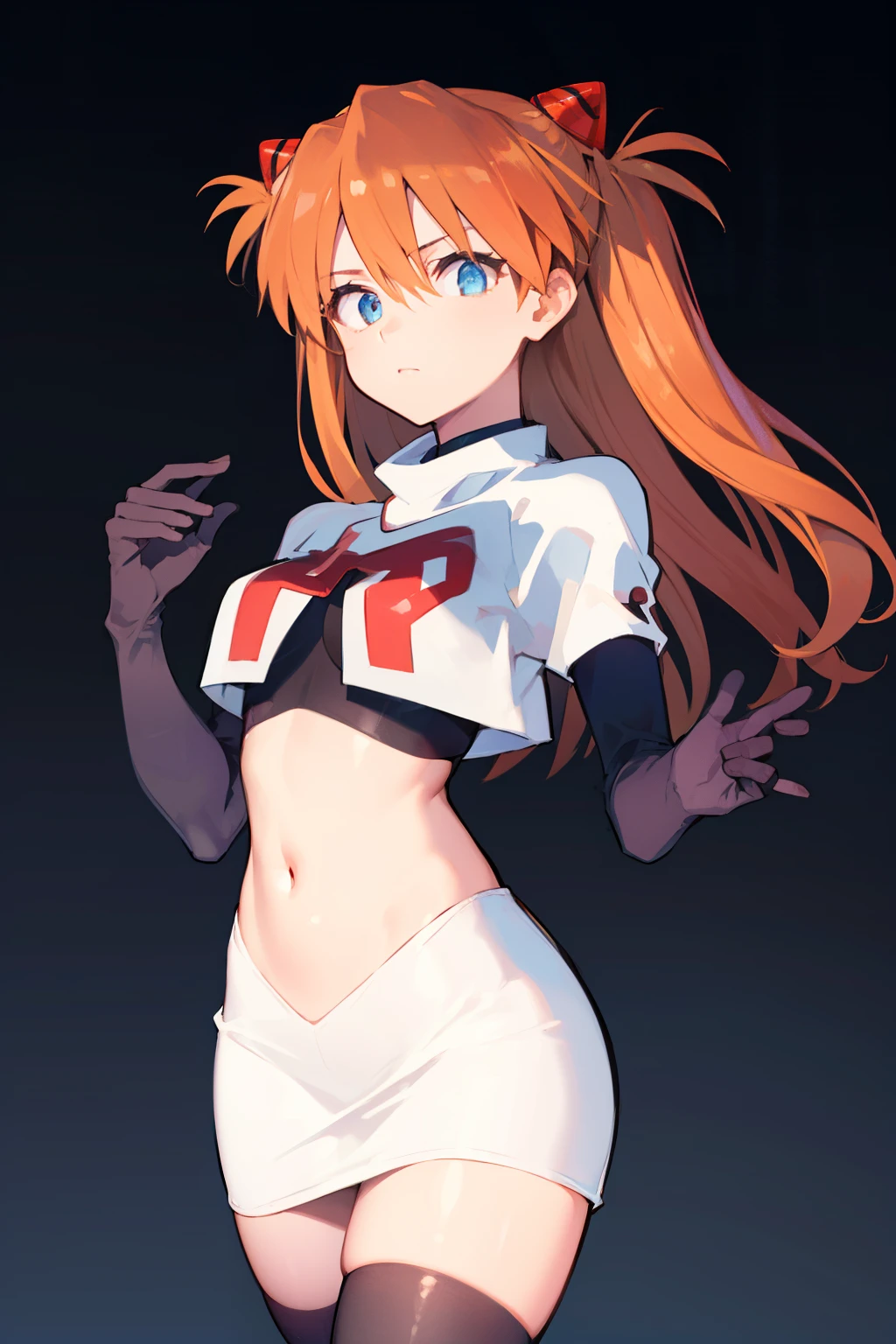asukalangley, asuka langley soryu, (souryuu asuka langley:1.5), blue eyes, hair between eyes, headgear, interface headset, orange hair, two side up,
BREAK team rocket,team rocket uniform,white skirt,crop top,black thigh-highs,black elbow gloves
BREAK looking at viewer, (cowboy shot:1.5),
BREAK (masterpiece:1.2), best quality, high resolution, unity 8k wallpaper, (illustration:0.8), (beautiful detailed eyes:1.6), extremely detailed face, perfect lighting, extremely detailed CG, (perfect hands, perfect anatomy),