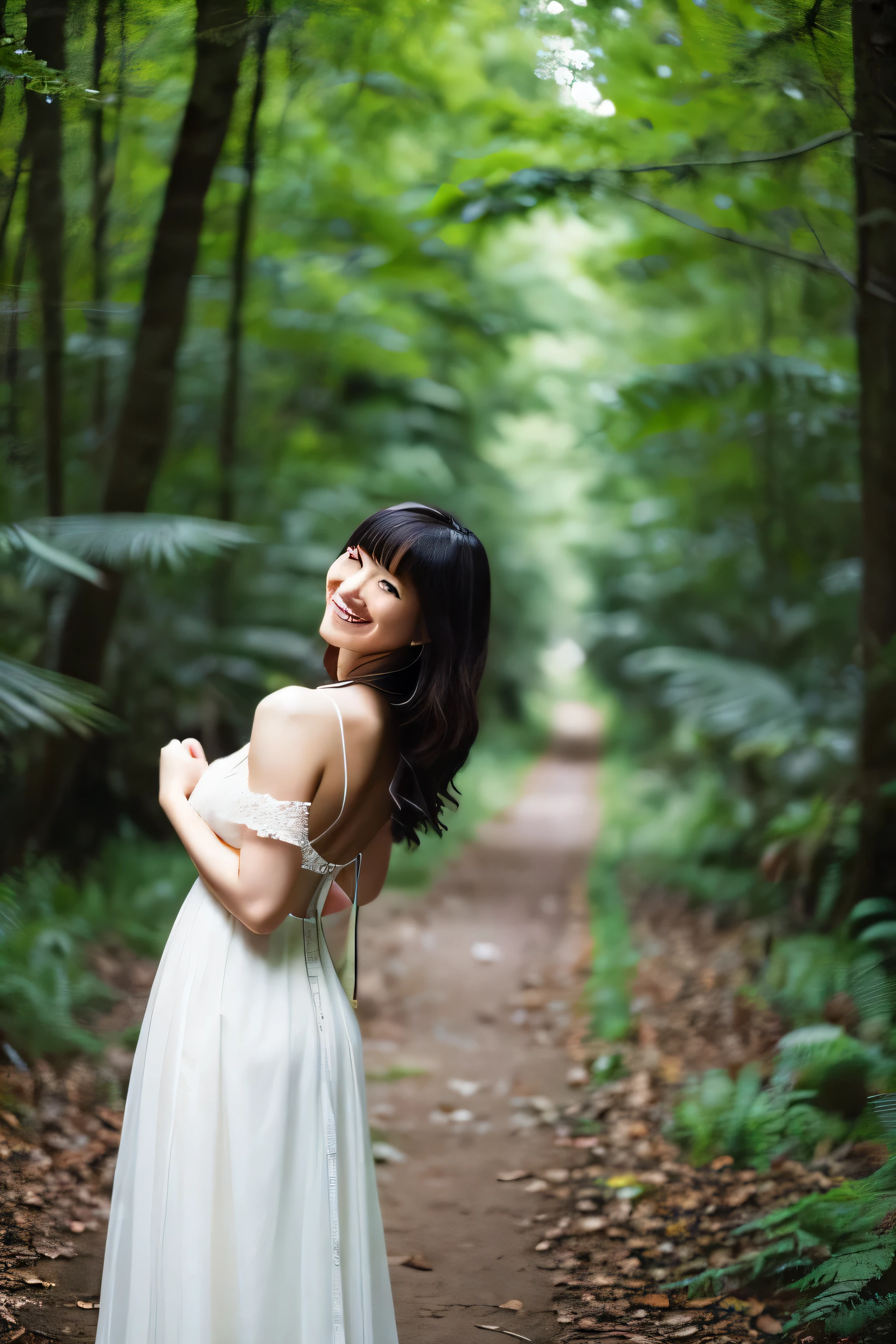 asian women、in the forest、look back、A wistful smile、whitish dress