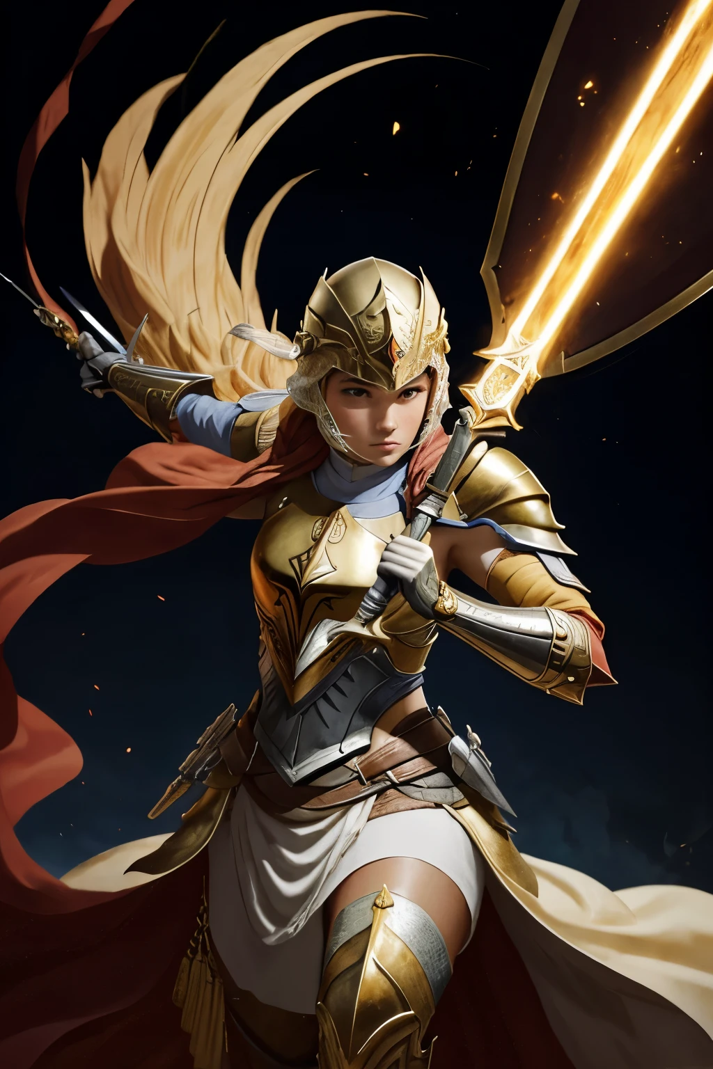 rey varon con armadura dorada que lleva rubies en las hombreras y en su cinturon. hombreras de armadura pesadas y detalladas. capa roja. wielding a shiny golden sword with wind energy surrounding it