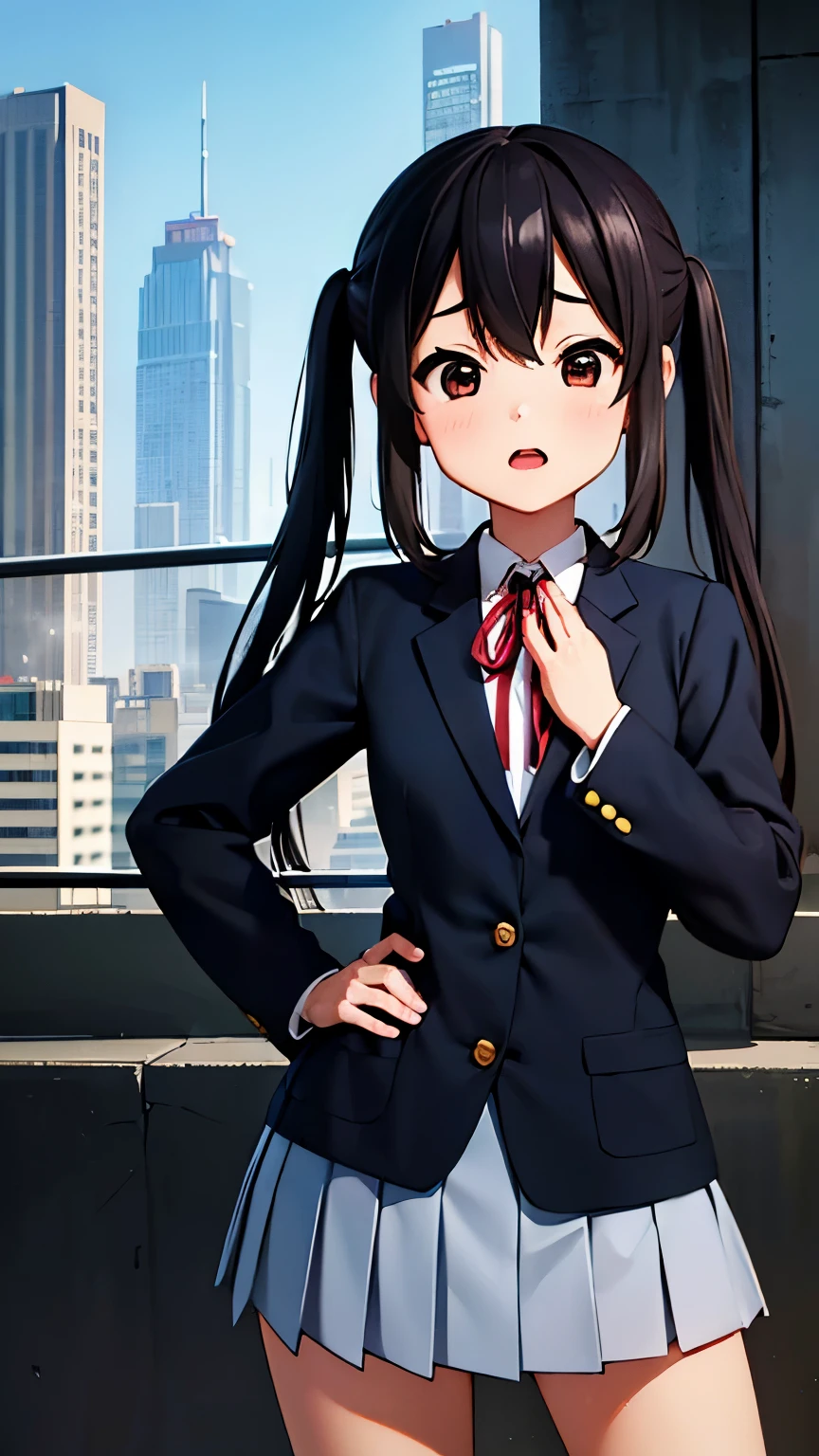 1girl, (((masterpiece))), top-quality, top-quality, High Details, nakano azusa, 1girl, Sakuragaoka High School Uniform,student clothes, Twin-tailed, length hair, A dark-haired, brown-eyed, 独奏, reddish, Dark blue blazer with thin red ribbon, Solid white buttoned shirt under blazer, illustratio, comic strip, soothing tones, Subdued Color, Soft cinematic light, adobe lightroom, photolab, HDR, intricately and hyper-detailed、(((depth of fields))))。(((masterpiece)))。(((top-quality))).)((ultra-detailliert)))。(((illustratio)))。(((takeout))).dynamic focus.small breasts.(((Skyscrapers))).(((A city scape))).(((Face of sadness))). open mouth.(((put hands on the hip))).(((up chest))).