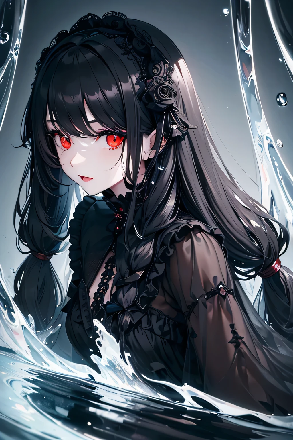 1 girl,Depp's Sense,confused,catch light,Super beautiful illustration,(water magic),((black color,long hairstyles:1.3)),dark dark eyeshadow,bright red lipstick,Gothic ta,;d,beautiful and delicate hair,(((delicate and detailed red eyes))),light blue light effect,light blue aura
