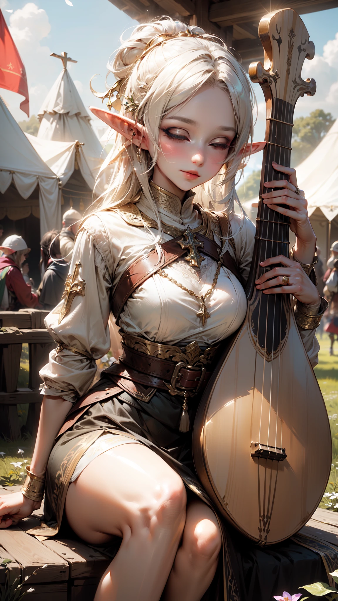 ((masterpiece)), (top quality), (best quality), ((ultra-detailed, 8k quality)), Cinematic lighting, Volumetric lighting, (detailed line art), absurdres, (best composition), (high-resolution), Aesthetics, serene mood, (a graceful gorgeous young elf woman, sitting cross-legged as she plays a lute instrument the crowd),  ((pretty and elegant)), (((playing a lute musical instrument))), ((performing music while sitting outdoors at a (medieval:1.3) spring festival)), ((graceful physique)), medium breasts, (elegant black silk shimmering cocktail dress with gold embroidery), cheerful spring lighting, (outdoors at the crowded village festival), ((people in background field of flowers and tents medieval Europe style)), celebration!, depth of field, sharp focus, (fantasy:1.3), [cinematic dramatic atmosphere],[atmospheric perspective],
BREAK,
highly detailed of ((elf:1.4)), (1girl), solo, perfect face, details eye, hair Bun, (hime cut, bangs:1.2), (white shining hair:1.2),((blindfolded, eyes closed)), (beautiful detailed eyelashes, eyeshadow, pink eyeshadow),  gentle smile, Concept art by Mikimoto Haruhiko, by Kawacy, By Yoshitaka Amano, BREAK, 
((perfect anatomy)), perfect body, (medium breast), perfect hands, perfect face, beautiful face, beautiful eyes, perfect eyes, (perfect fingers, deatailed fingers), correct anatomy, perfect legs, 