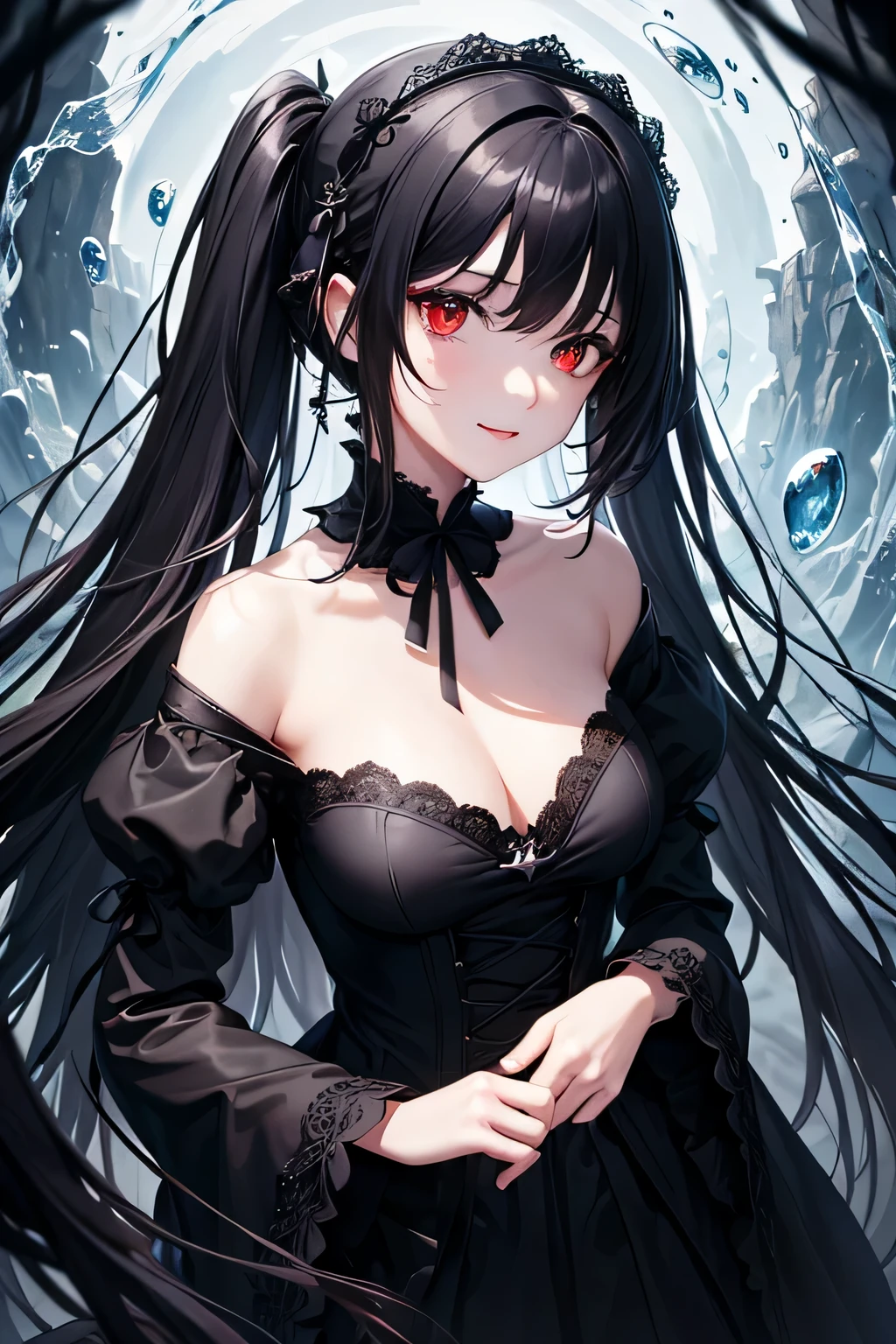 1 girl,Depp's Sense,confused,catch light,Super beautiful illustration,(water magic),((black color,long hairstyles:1.3)),dark dark eyeshadow,bright red lipstick,Gothic ta,;d,beautiful and delicate hair,(((delicate and detailed red eyes))),light blue light effect,light blue aura