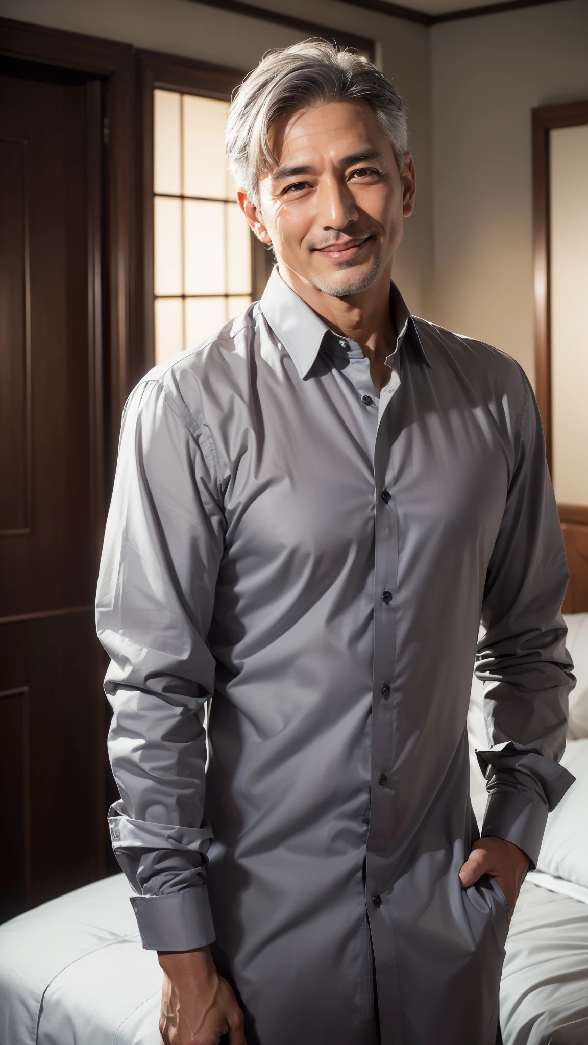 (best qualtiy, master piece, high resolution:1.4), (Photorealistic, raw photo:1.2),  (solo), (male:1.5), (asian:1.7), modeled, (handsome:1.3), (dark blown eyes:1.2),shoot from front,smile, (50 years old), (gray hair:1.3), (extra short hair:1.2), (dress shirt:1.3), midnight,(In a room, in luxury hotel)