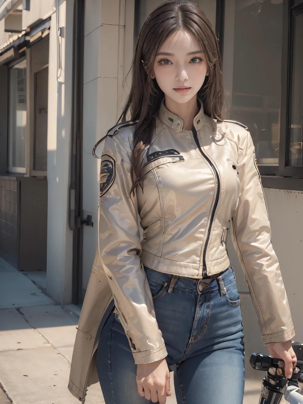 ((highest quality, 8K, masterpiece: 1.3)), sharp: 1.2, perfect body beauty: 1.4,(((Woman on Motorcycle))),slender body,Beige long sleeve motorcycle jacket and jeans,Highly detailed face and skin texture,((full body shot)),Natural light,smile,((Wink))