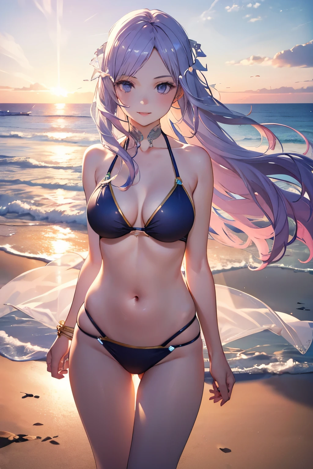 (best quality,4k,highres,masterpiece:1.2),ultra-detailed, Quinella (SAO character) on the beach,wearing a light purple bikini,beautiful detailed eyes and face and extremely detailed lips,gorgeous long light purplish hair waving in the wind,smiling,best quality, 4k, highres,ultra-detailed, realistic, vivid colors,photorealistic,walking towards you,with the sea in the background,sunny weather,soft golden sunlight,gentle ocean breeze