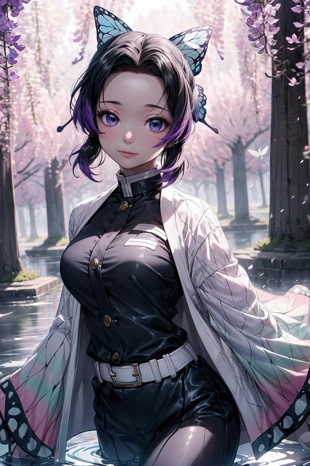 Extremely detailed and high-resolution masterpiece of Kocho Shinobu, the beautiful and deadly Demon Slayer in dynamic action. Add emphasis on the intricate details of her butterfly-themed outfit and the fierce expression on her face. Set the scene on a sunny day, with a serene pond and cherry blossom petals in the background. Use rich colors and volumetric light to create a sense of ethereal beauty and power.
