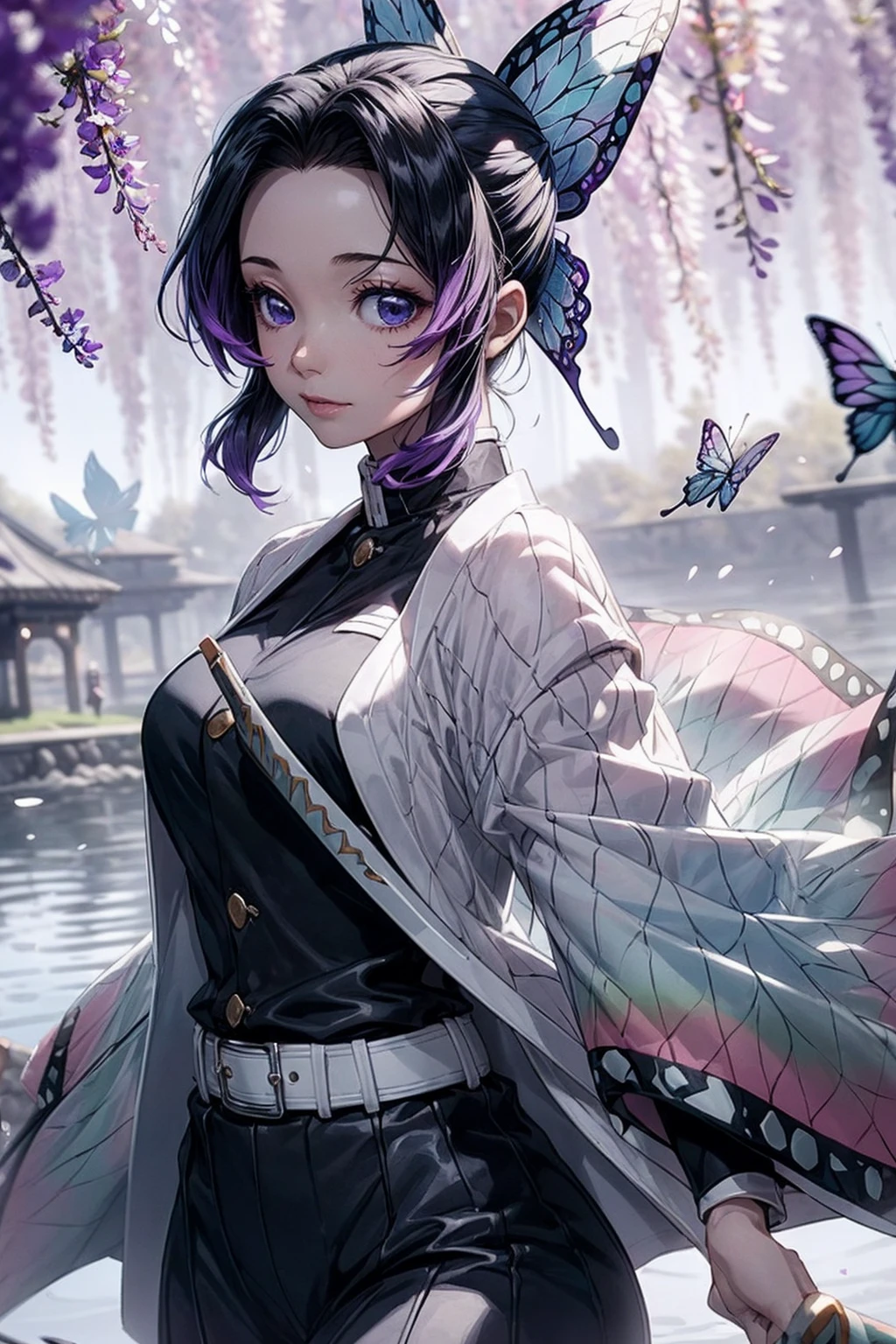 Extremely detailed and high-resolution masterpiece of Kocho Shinobu, the beautiful and deadly Demon Slayer in dynamic action. Add emphasis on the intricate details of her butterfly-themed outfit and the fierce expression on her face. Set the scene on a sunny day, with a serene pond and cherry blossom petals in the background. Use rich colors and volumetric light to create a sense of ethereal beauty and power.