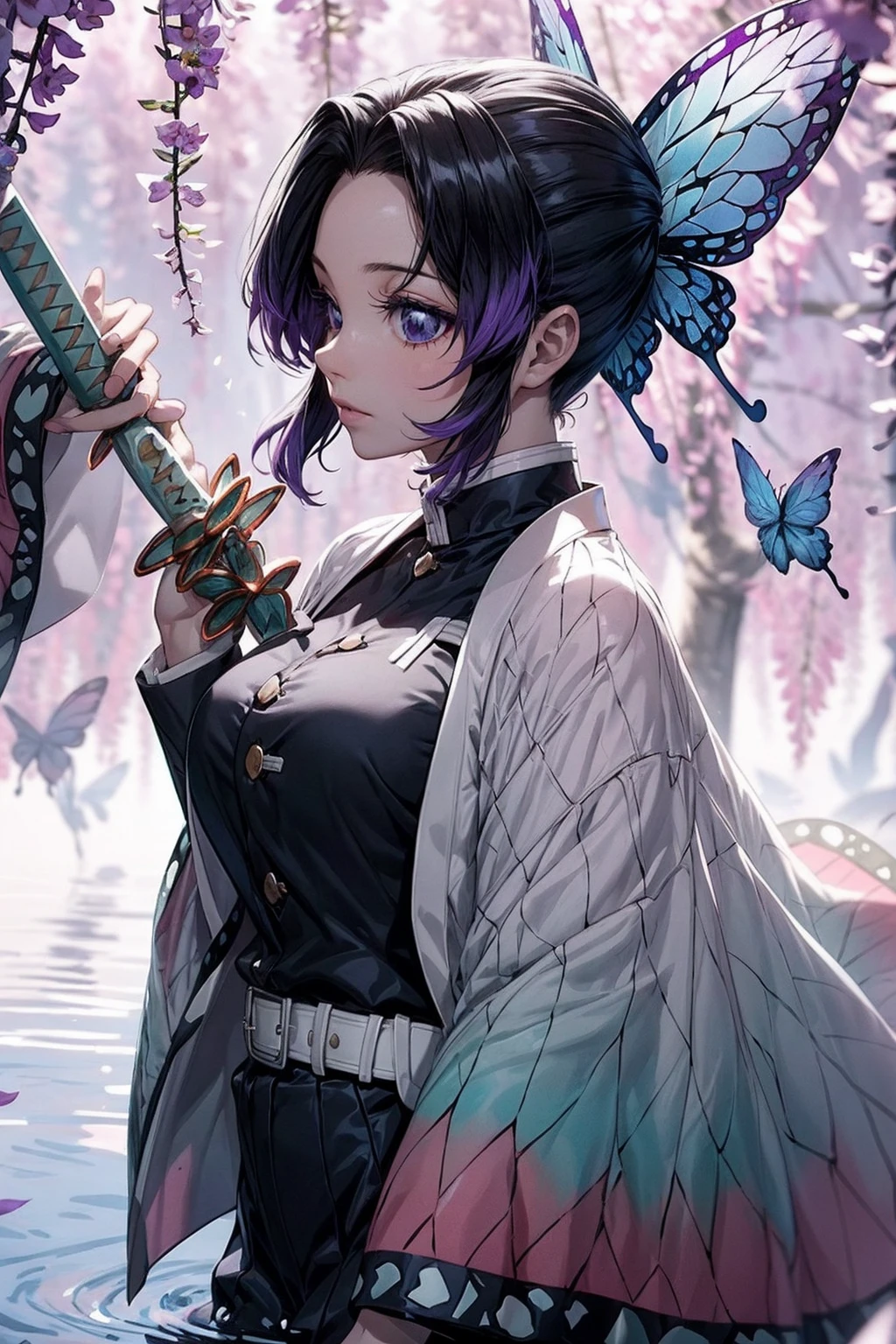 Extremely detailed and high-resolution masterpiece of Kocho Shinobu, the beautiful and deadly Demon Slayer in dynamic action. Add emphasis on the intricate details of her butterfly-themed outfit and the fierce expression on her face. Set the scene on a sunny day, with a serene pond and cherry blossom petals in the background. Use rich colors and volumetric light to create a sense of ethereal beauty and power.