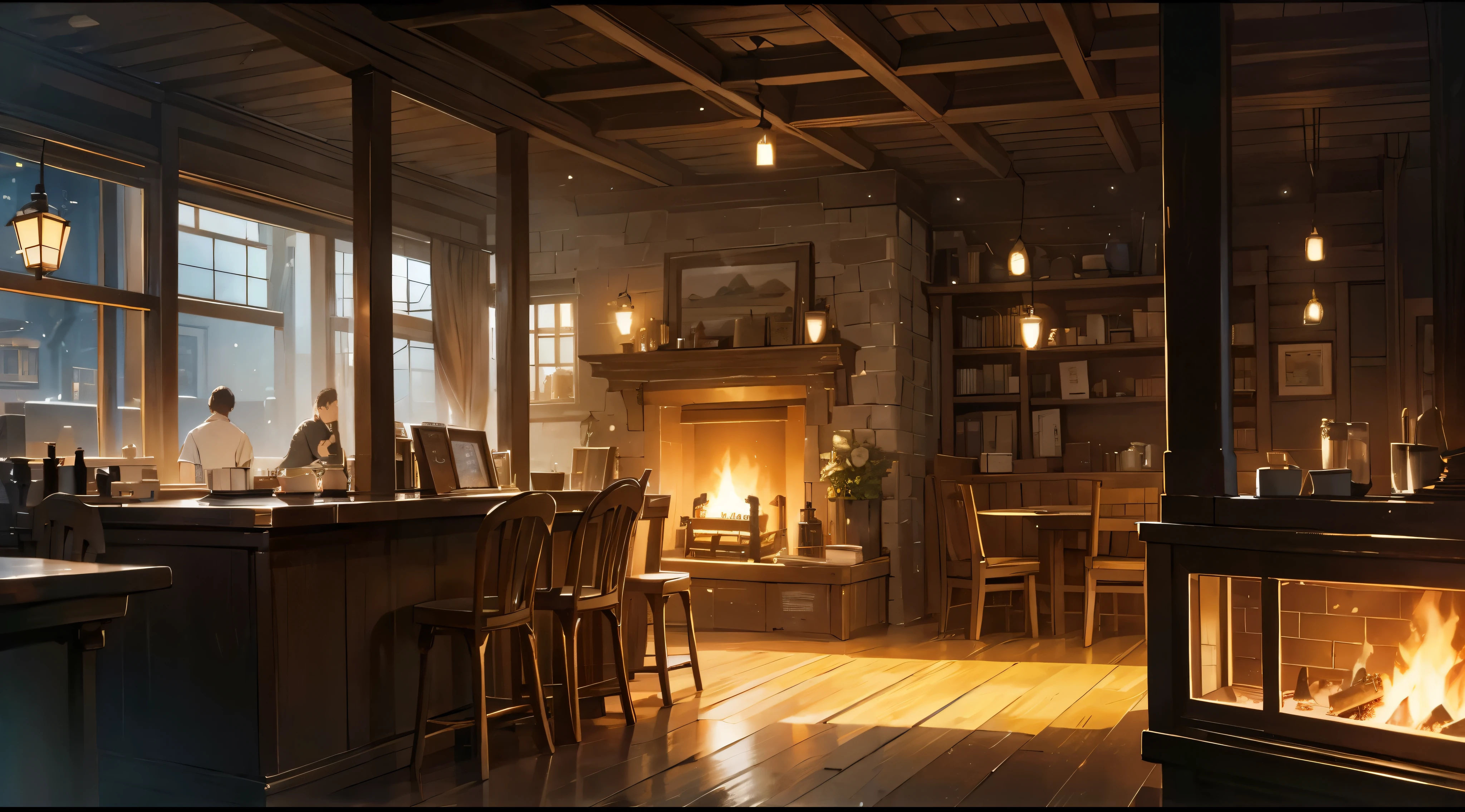 snowfall,fireplace,combustion,large shop,Cafe,Rear view of the clerk,Cafe,warm lighting,Wet day,bare wood,bookshelf,テーブルと椅子とstageのある部屋があります, 居心地の良いCafeの背景,coffee shop, pleasant cozy atmosphere, cozy atmosphere, a multidimensional cozy tavern, Cozy and peaceful atmosphere, Cozy home background, relaxing concept art, concept art, Wet day,古びたbookshelf,stage,fireplaceが暖かい,snowfall
