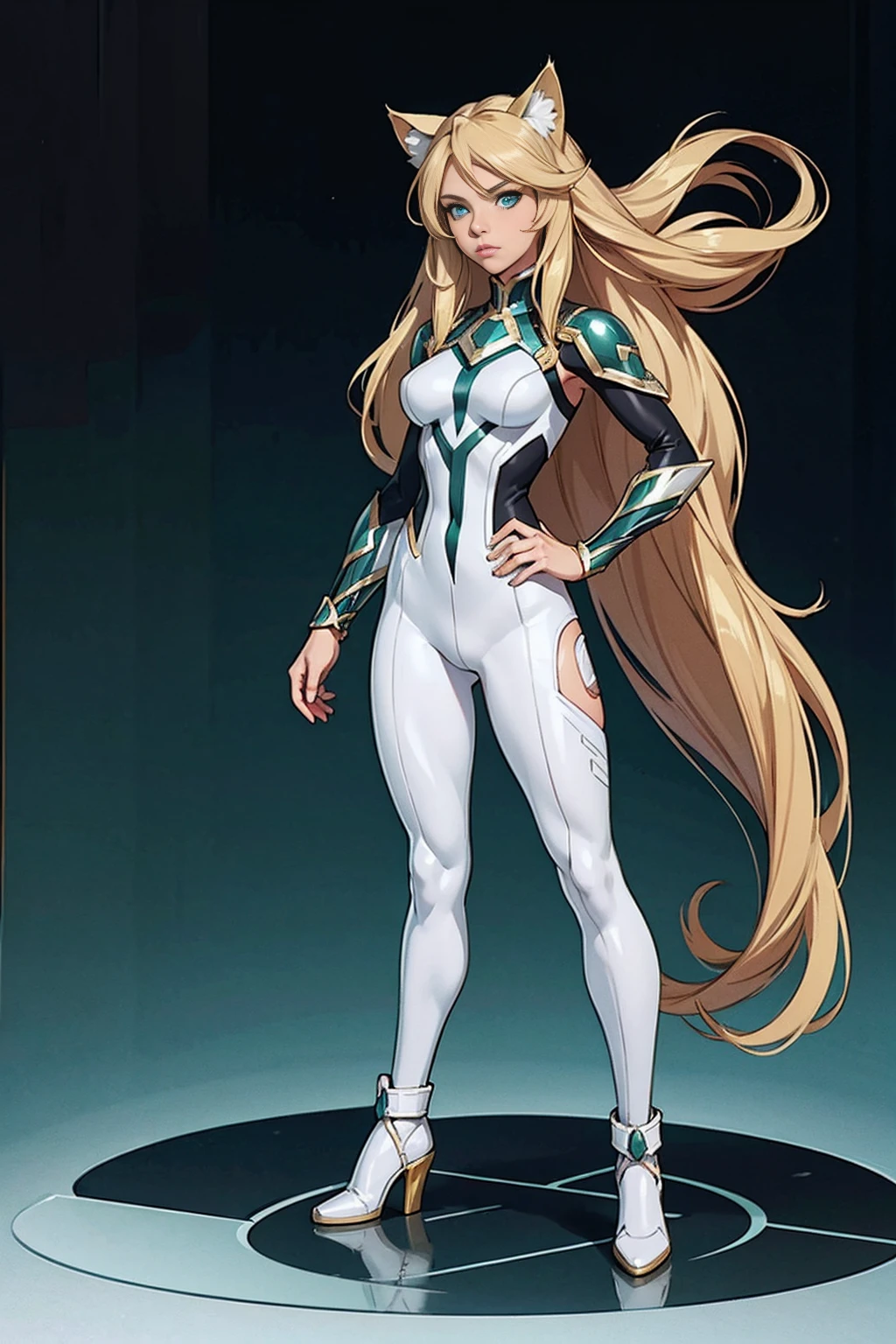 (((full body photo))) , girl, long blonde hair, flowing blonde hair, cat ears, green eyes, in a white full body superhero costume with leggings, masterpiece, high quality,