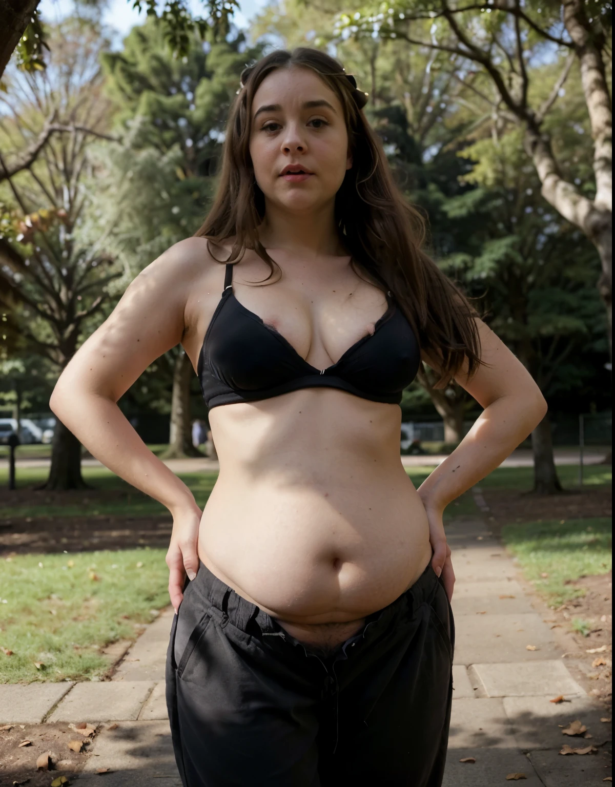 (((( chubby )))) , ((( Sabrina Carpenter ))), Depth of field  , (( hands on hips )) , (( legs open )) , (( feet apart )) , (( seductive expression )) , short height , saggy breasts , sagging breasts , (( lots of belly fat )), (( fat stomach )) , (( sagging belly )) (( sagging stomach )), (( over hanging belly )) , (( over hanging stomach )),portrait ,1 girl ,cute, 18 year old girl , ( pointy upturned nose),( long thin nostrils ),long pony tail hair , (( mouth open ))  , pouting , (( wearing tiny bra and black loose trousers )) ,(( looking down her pants ))  , (raising eyebrow) , (( naked )) ,masterpiece, best quality, ultra-detailed, (( in a very busy park )) ,shadows, clear sky,  (skin texture) , (warm hue, warm tone:1.2), sidelighting,contrast, ultra high res, best shadow, RAW, (( exposing crotch )), (( unshaven )) , (( hairy pussy )) , (( showing pubic hair )) , (( lots of people in the background )) , crowd , ((nsfw)) , people walking close by