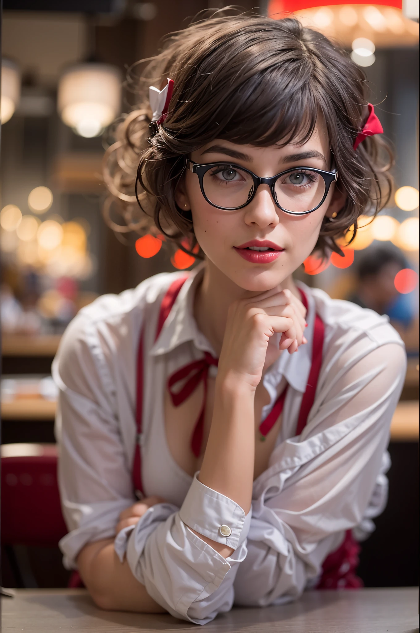 A photo of a young, nerdy woman sitting in a caf, wearing a white shirt and a bow, surrounded by a cozy atmosphere, looking at the viewer.
short hair, slender, red lips, transparent fabric, flirting with the camera, closeups cleavage 