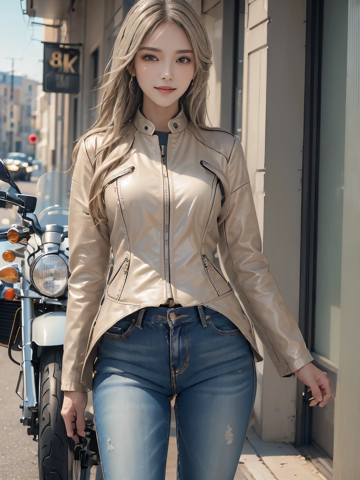 ((highest quality, 8K, masterpiece: 1.3)), sharp: 1.2, perfect body beauty: 1.4,(((Woman on Motorcycle))),slender body,Beige long sleeve motorcycle jacket and jeans,Highly detailed face and skin texture,((full body shot)),Natural light,(smile),((Wink))