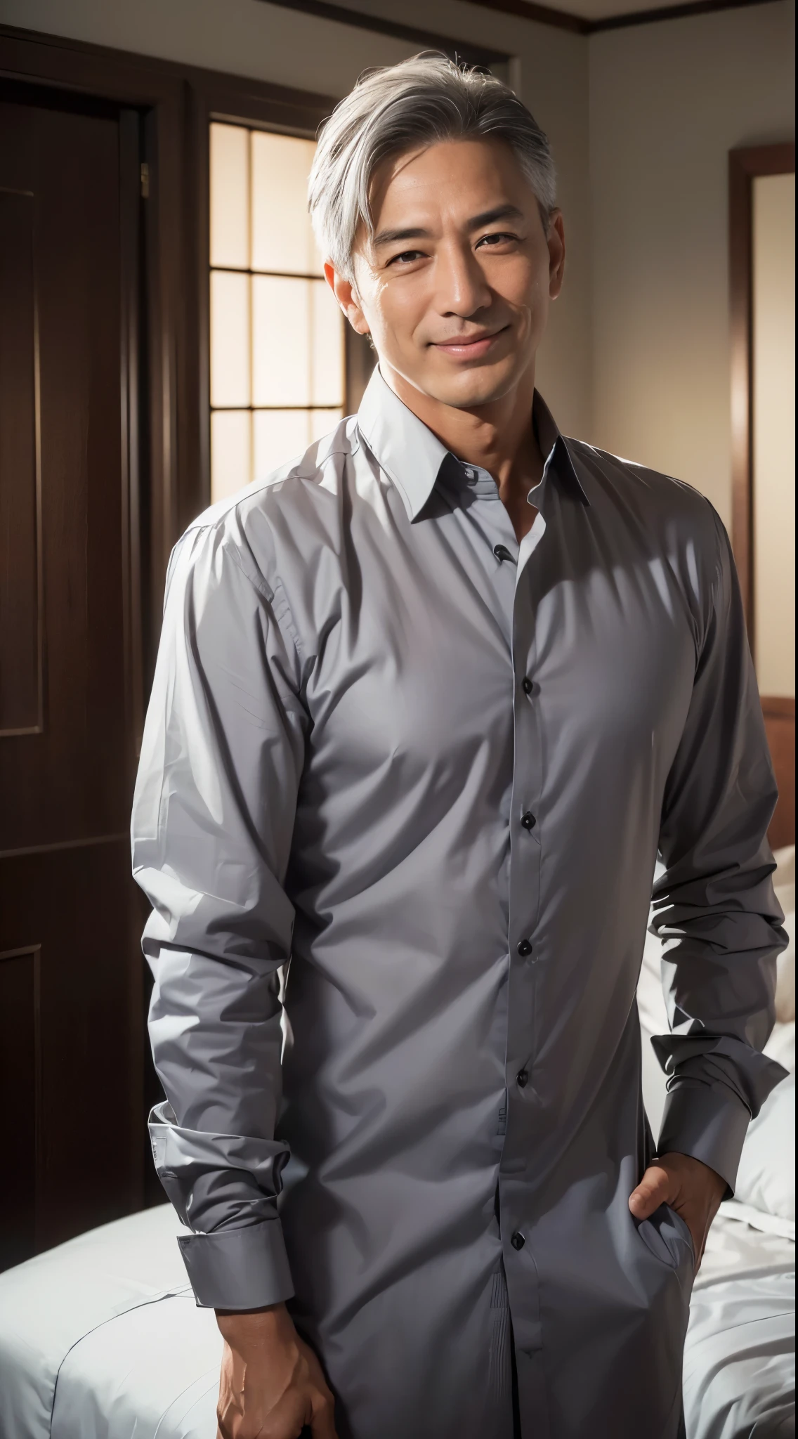(best qualtiy, master piece, high resolution:1.4), (Photorealistic, raw photo:1.2), (solo), (male:1.5), (asian:1.7), modeled, (handsome:1.3), (dark blown eyes:1.2),shoot from front,smile, (50 years old), (gray hair:1.3), (extra short hair:1.2), (dress shirt:1.3), midnight,(In a room, in luxury hotel)