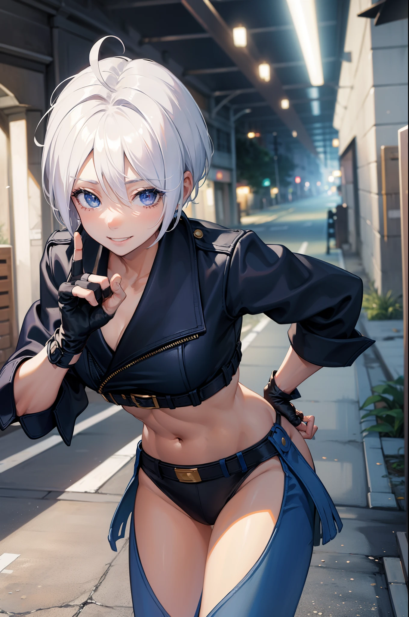 (masterpiece), best quality, expressive eyes, perfect face, highres, 1girl, solo, angelms, white hair, jacket, ahoge, fingerless gloves, midriff, hands to hips, leaning forward, smiling, fanstasy background, particles, magic, standing,cowboy shot, looking at the viewer, from front