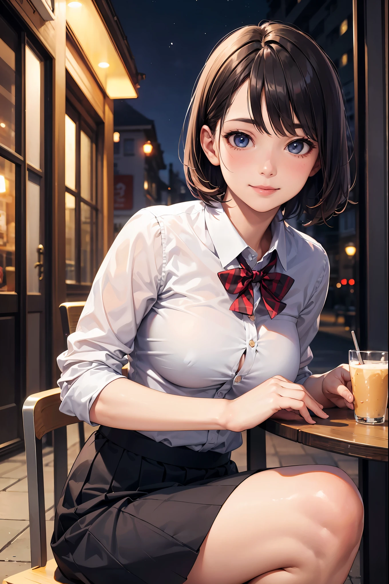 (8k, RAW photo, best quality, masterpiece:1.2), (realistic, photo-realistic:1.37), ultra-detailed,
1 girl,cute, solo,beautiful detailed sky,detailed cafe,night,sitting,dating,(nose blush),(smile:1.1),(closed mouth),large breasts, seductive smile, large aparture, professional lighting, Sony A7R4, Zessie 50mm F1.8,
medium breasts,beautiful detailed eyes,(collared shirt:1.1), bowtie,pleated skirt,(short hair:1.2),floating hair 