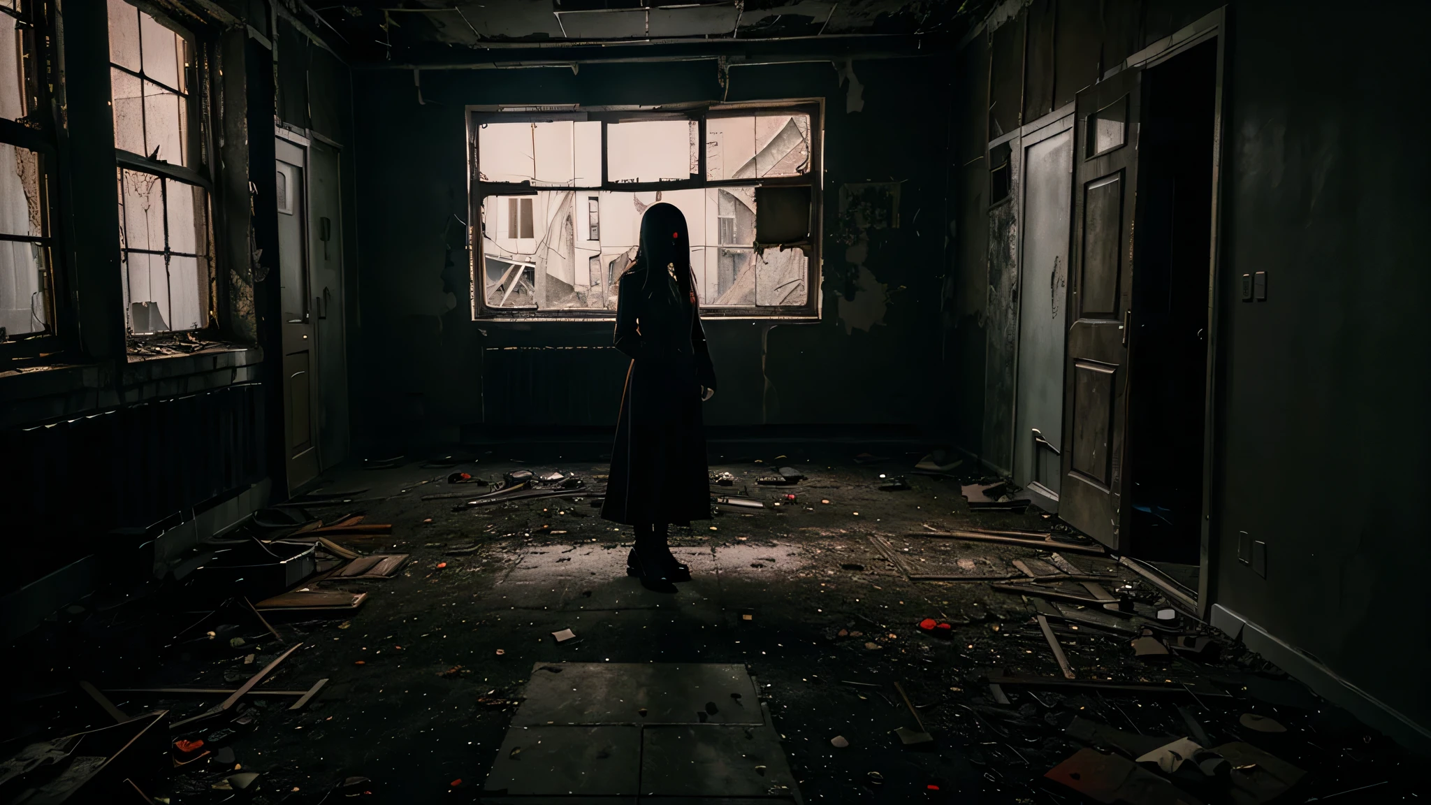 abandoned sick hospital,In the cages on both sides of the dim corridor,Countless hands stretched out,Lots of hands,There is a strange figure of a girl in a red dress suspended in the sky in the distance.,Long hair covers the face,KON'Can't see the face。dim lights,Spooky atmosphere,Spooky and terrifying,Disturbing,Creep。