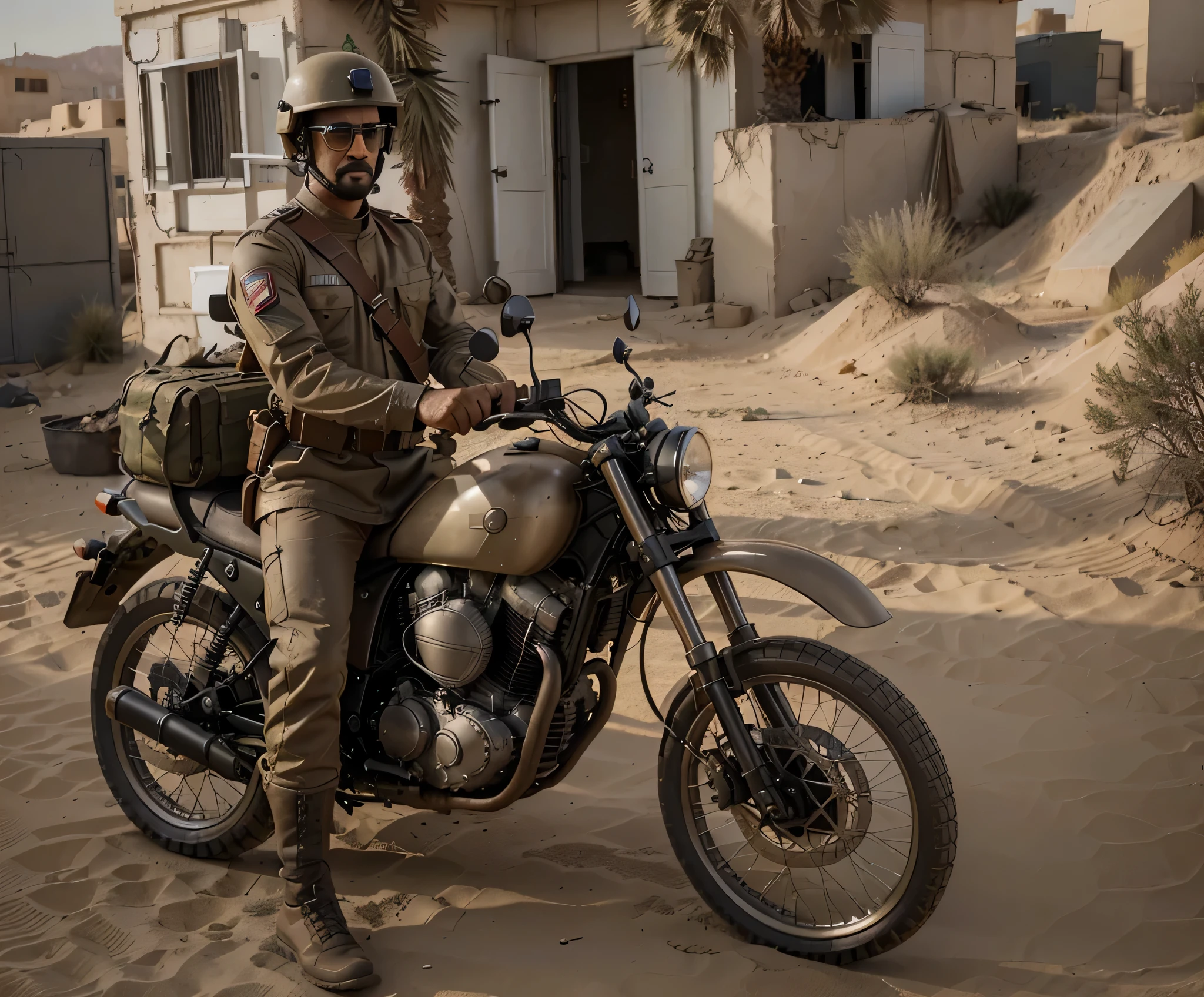 Soldado masculino montando una motocicleta militar beige, El soldado, Arab face, piel oscura, lleva un casco de moto color beige, lleva gafas de moto, He wears a beige-style Soviet military uniform., Belt with ammunition, carries a soviet assault rifle, is in a military camp in a desert in the Middle East, 4k, ultra detallado image, Realista, muy detallado, perfect composition, gorgeous, Intrincadamente detallado, incredibly detailed, 8 k artistic photography, hiper detallado, obra maestra, ultra detallado , hyper Realista, 4k, ultra detallado image, Realista, muy detallado, perfect composition , hermoso, Intrincadamente detallado, incredibly detailed, 8K fine art photography, hiper detallado, obra maestra