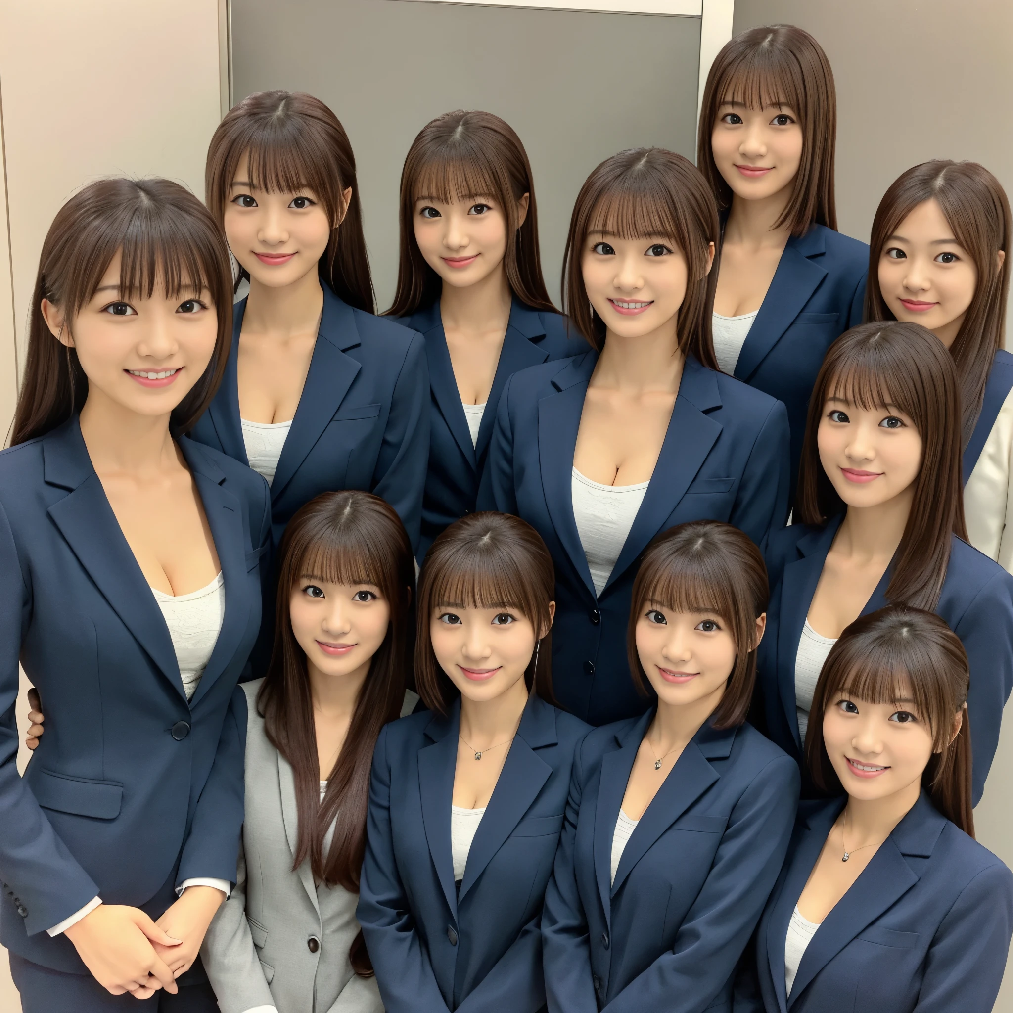 (Group photo, multiple_girl, Cute Japanese woman with perfect body, 6+girl), looking for_in_viewer, (office ladies),  (masterpiece, high quality:1.2), big breasts, cleavage, suit, (smile), (office), highly detailed face, {黒いsuit|白いsuit|ネイビーのsuit|ピンクのsuit}