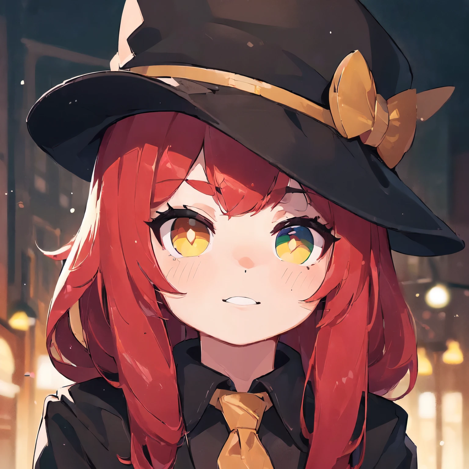 (best quality:2), ((masterpiece)), (detailed), (photorealistic), perfect face, 1girl, long red hair, heterochromia, left eye is yellow and a right eye is green, black tophat with red tape on it, black coat, black gloves, (mafia vibe), pathetic