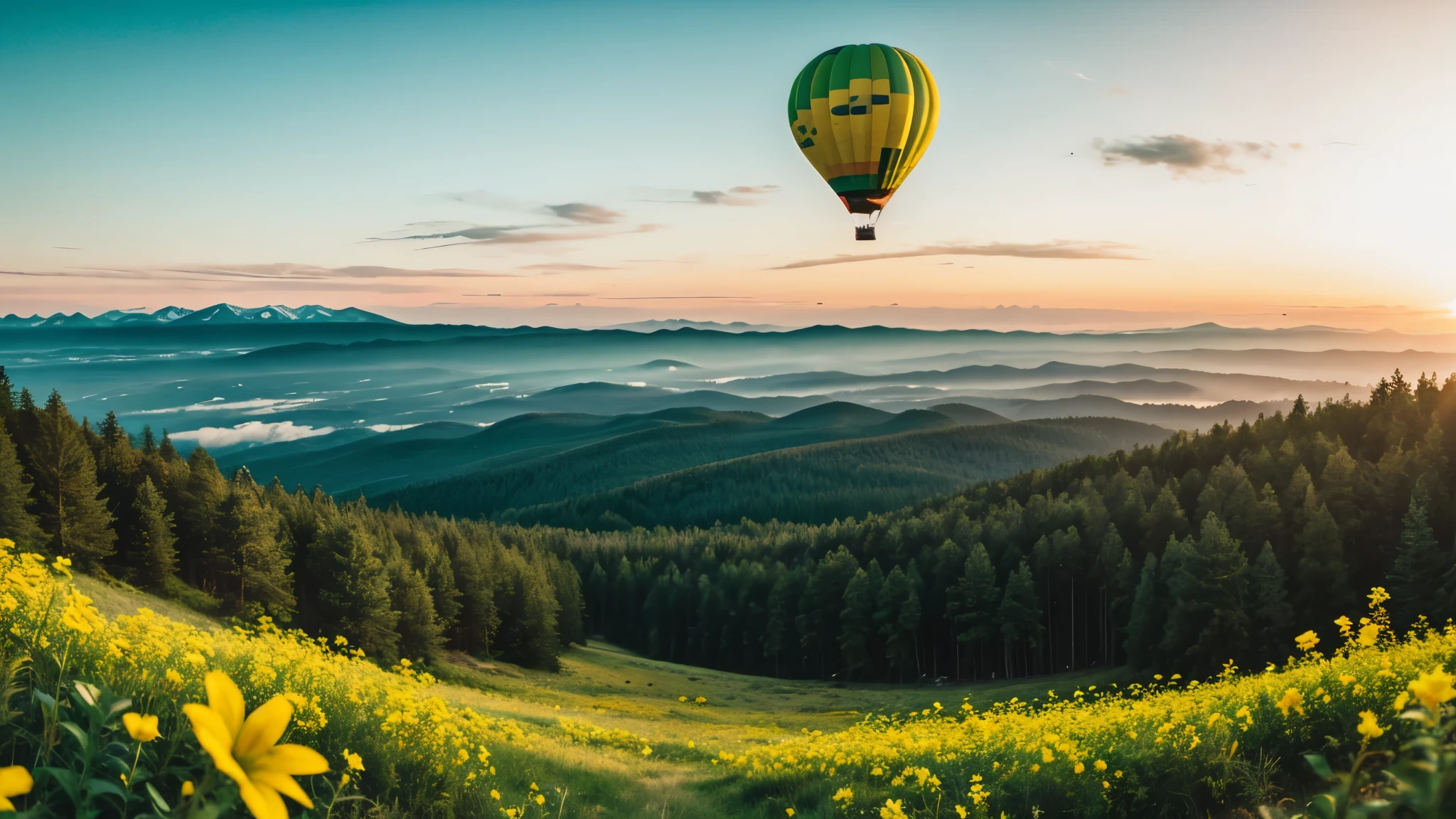 over view of clearing on forest, close up, back lens, best quality, Cinematic Movie Still, very cute, amazing forest, mountains on horizon, amazing sunset, yellow flowers around clearing, rocks around, air balloon flying on sky, high definition, light-green trees 
