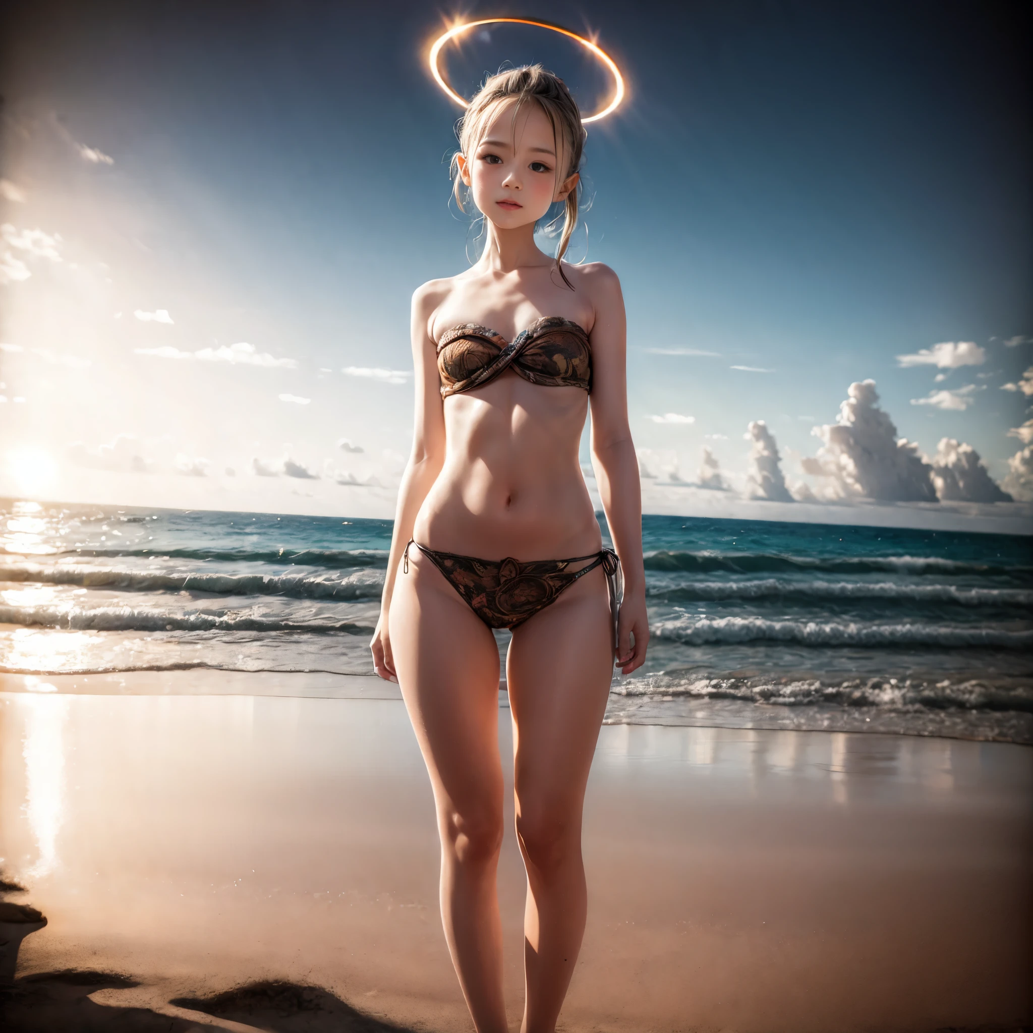 a KAWAII girl with a Halo  wearing a tiny strapless bikini, standing on a sandy beach, under the warm sunset light. Her eyes look captivating and mysterious, with long eyelashes and a hint of playful charm. The bikini is very tiny, with white lace knitted and intricate details that accentuate her curves. The sand beneath her feet is golden and softly illuminated, creating a serene and dreamy atmosphere. The ocean waves gently kiss the shore, adding a soothing soundtrack to the scene. The overall image quality is top-notch, with ultra-detailed features, vivid colors, and a realistic, photorealistic rendering style. The lighting is carefully set to highlight the curves of her body, creating a beautiful play of light and shadows. The scene exudes a sense of summer vacation, freedom, and adventure. (((Volumetric lighting, Acutance:0.8, Thigh Gap))), (((NSFW:-1, nipple:-1)))