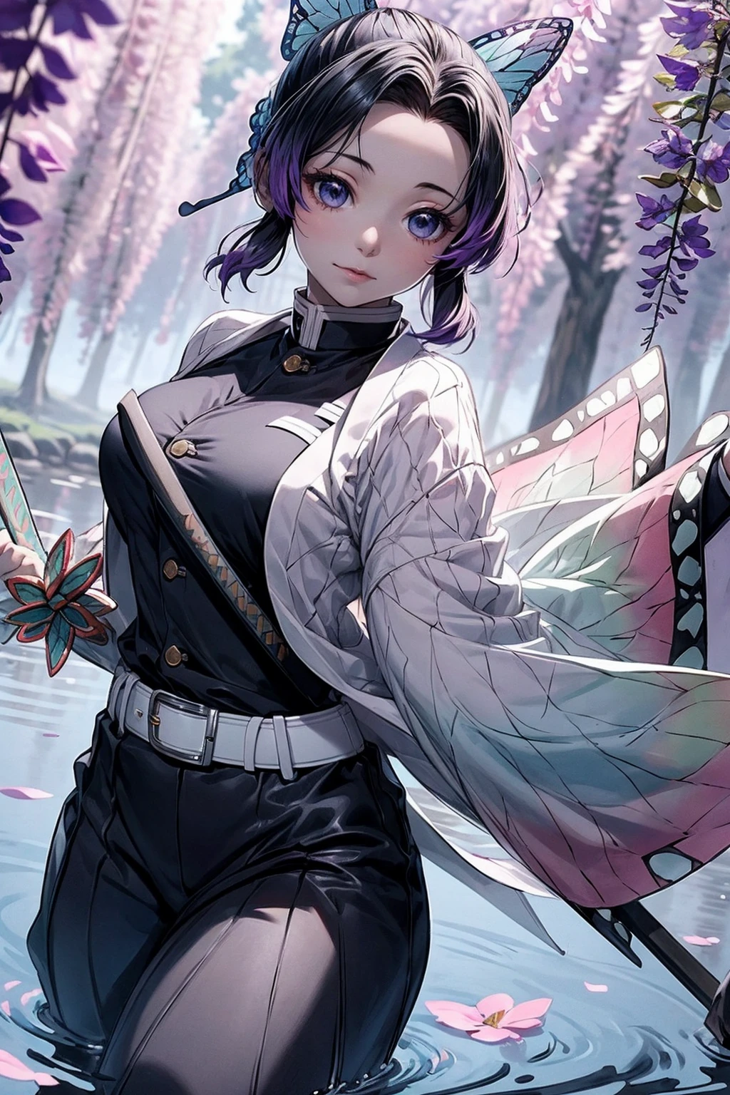 Extremely detailed and high-resolution masterpiece of Kocho Shinobu, the beautiful and deadly Demon Slayer in dynamic action. Add emphasis on the intricate details of her butterfly-themed outfit and the fierce expression on her face. Set the scene on a sunny day, with a serene pond and cherry blossom petals in the background. Use rich colors and volumetric light to create a sense of ethereal beauty and power.