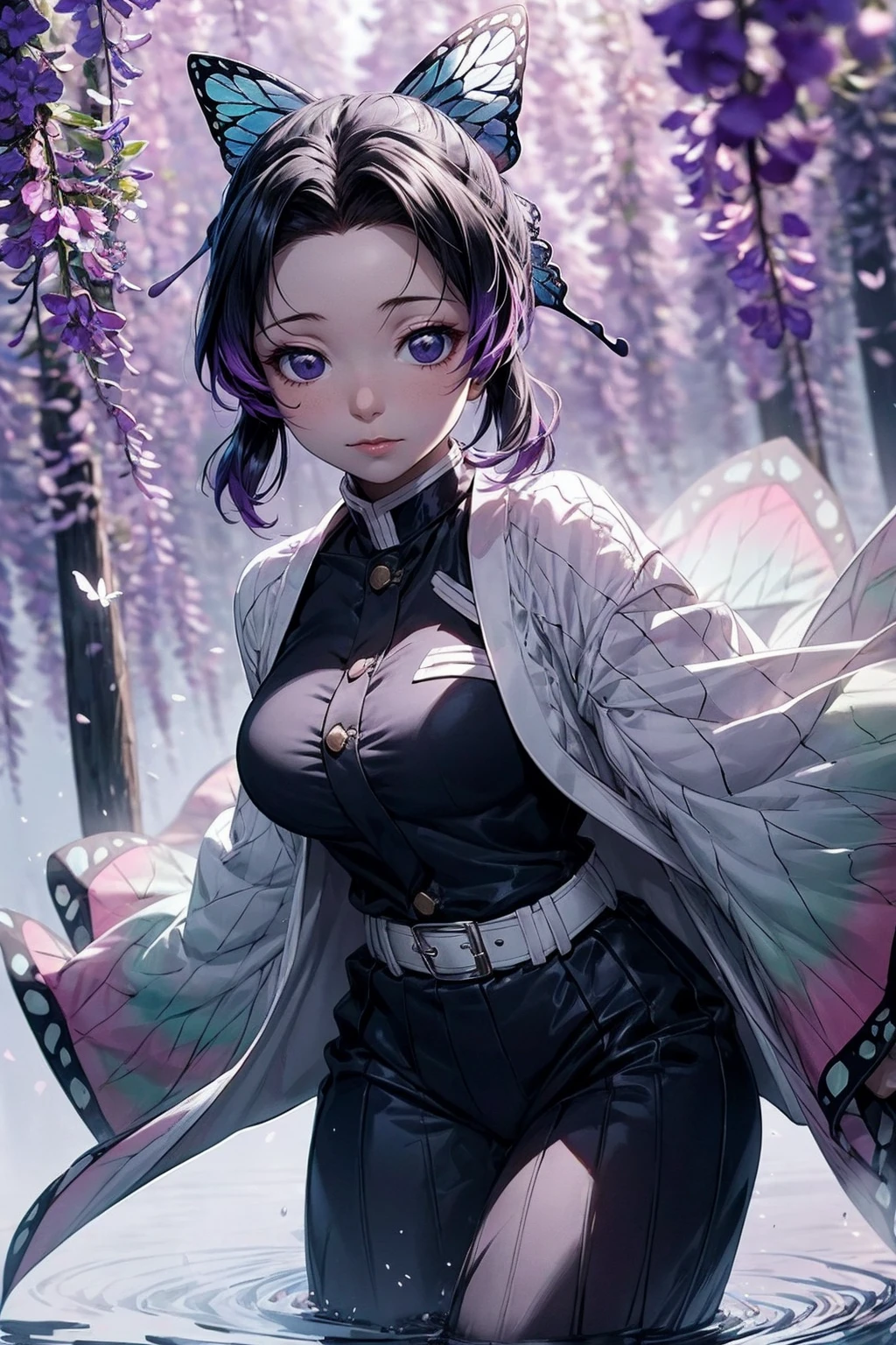 Extremely detailed and high-resolution masterpiece of Kocho Shinobu, the beautiful and deadly Demon Slayer in dynamic action. Add emphasis on the intricate details of her butterfly-themed outfit and the fierce expression on her face. Set the scene on a sunny day, with a serene pond and cherry blossom petals in the background. Use rich colors and volumetric light to create a sense of ethereal beauty and power.