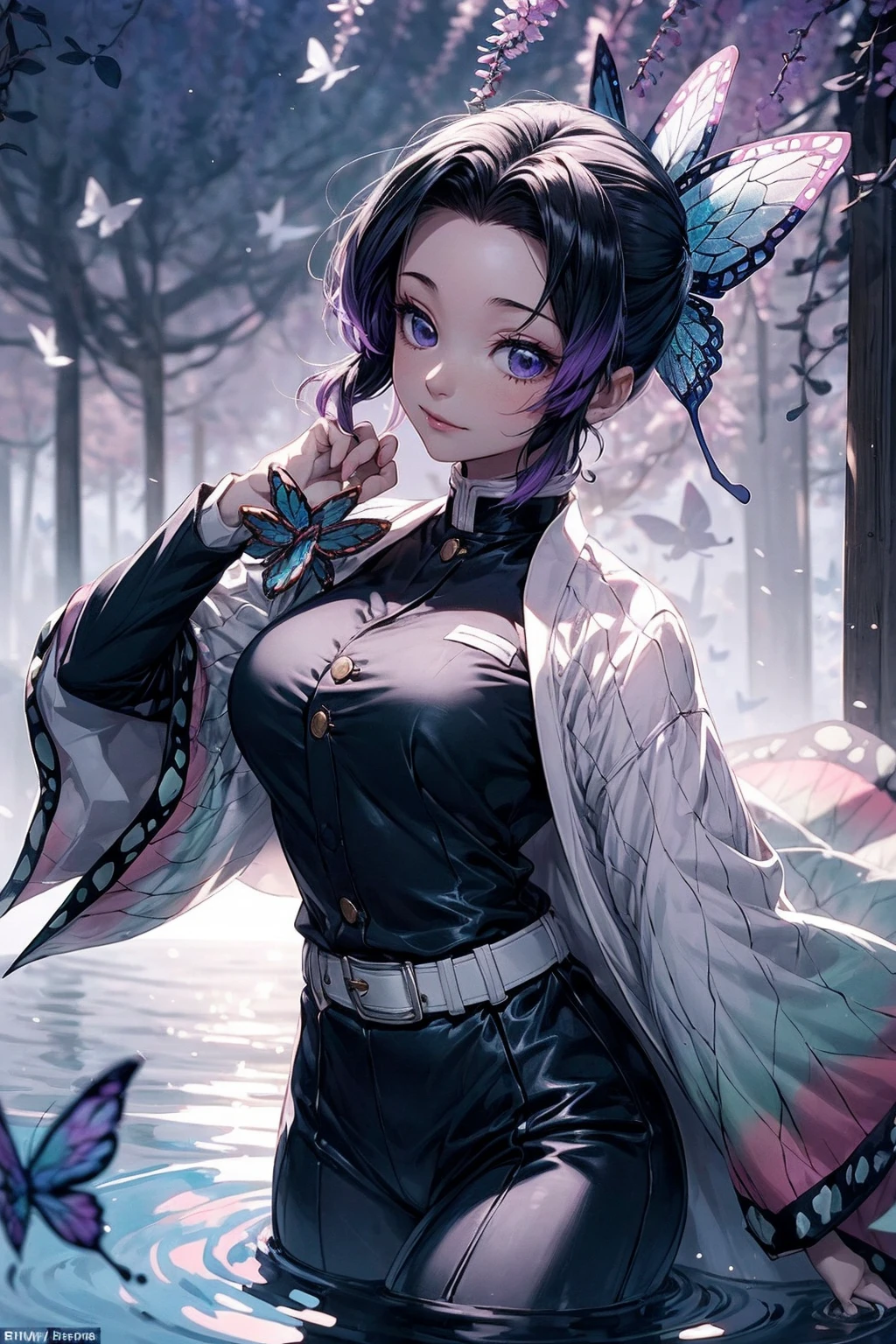 Extremely detailed and high-resolution masterpiece of Kocho Shinobu, the beautiful and deadly Demon Slayer in dynamic action. Add emphasis on the intricate details of her butterfly-themed outfit and the fierce expression on her face. Set the scene on a sunny day, with a serene pond and cherry blossom petals in the background. Use rich colors and volumetric light to create a sense of ethereal beauty and power.