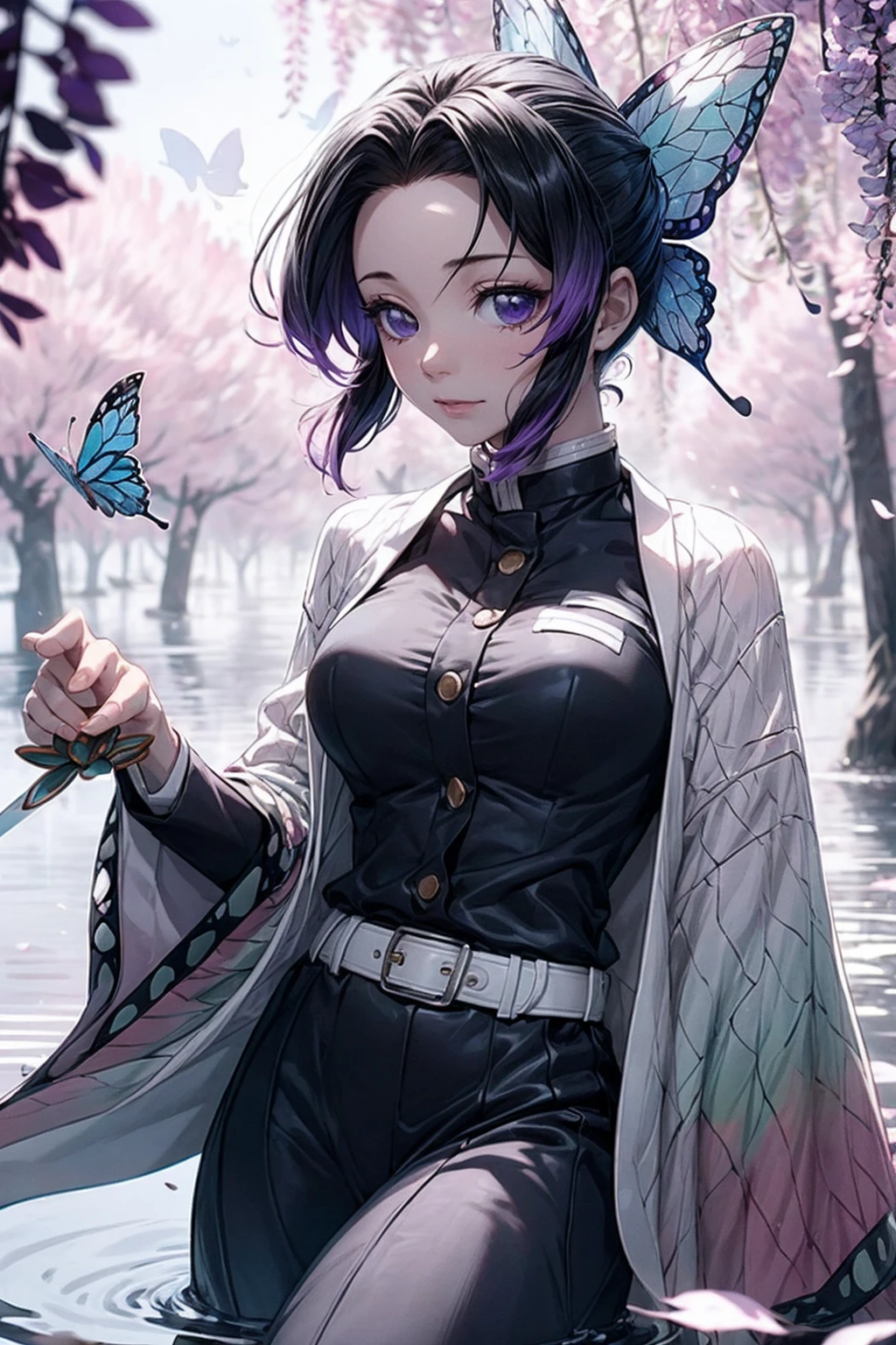 Extremely detailed and high-resolution masterpiece of Kocho Shinobu, the beautiful and deadly Demon Slayer in dynamic action. Add emphasis on the intricate details of her butterfly-themed outfit and the fierce expression on her face. Set the scene on a sunny day, with a serene pond and cherry blossom petals in the background. Use rich colors and volumetric light to create a sense of ethereal beauty and power.