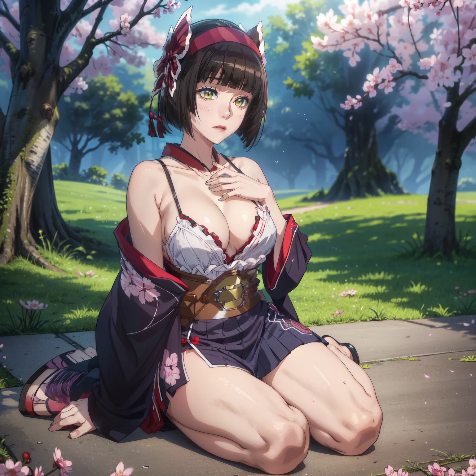 (Masterpiece, Highly Detailed, Cinematic Scene, Best Quality, Ultra Resolution, Top quality, Super Detailed), (Full Body View), (Chest Exposed), (Erotic Kimono:1.5), (Bare Shoulders 1.0), (Sexual suggestiveness), (Slide Slit Skirt), Anime style, Thick Body, Thick Thighs, Thigh, Large Breasts Enchanting, Blue eye, Hairband, Black Hair, Hair Bow, On Floor, Cross Legs, Spider Pattern, Spider Web Pattern, (Perfect Five Fingers:1.1), Hand on the Floor, Cherry Blossom Trees, Japanese Background