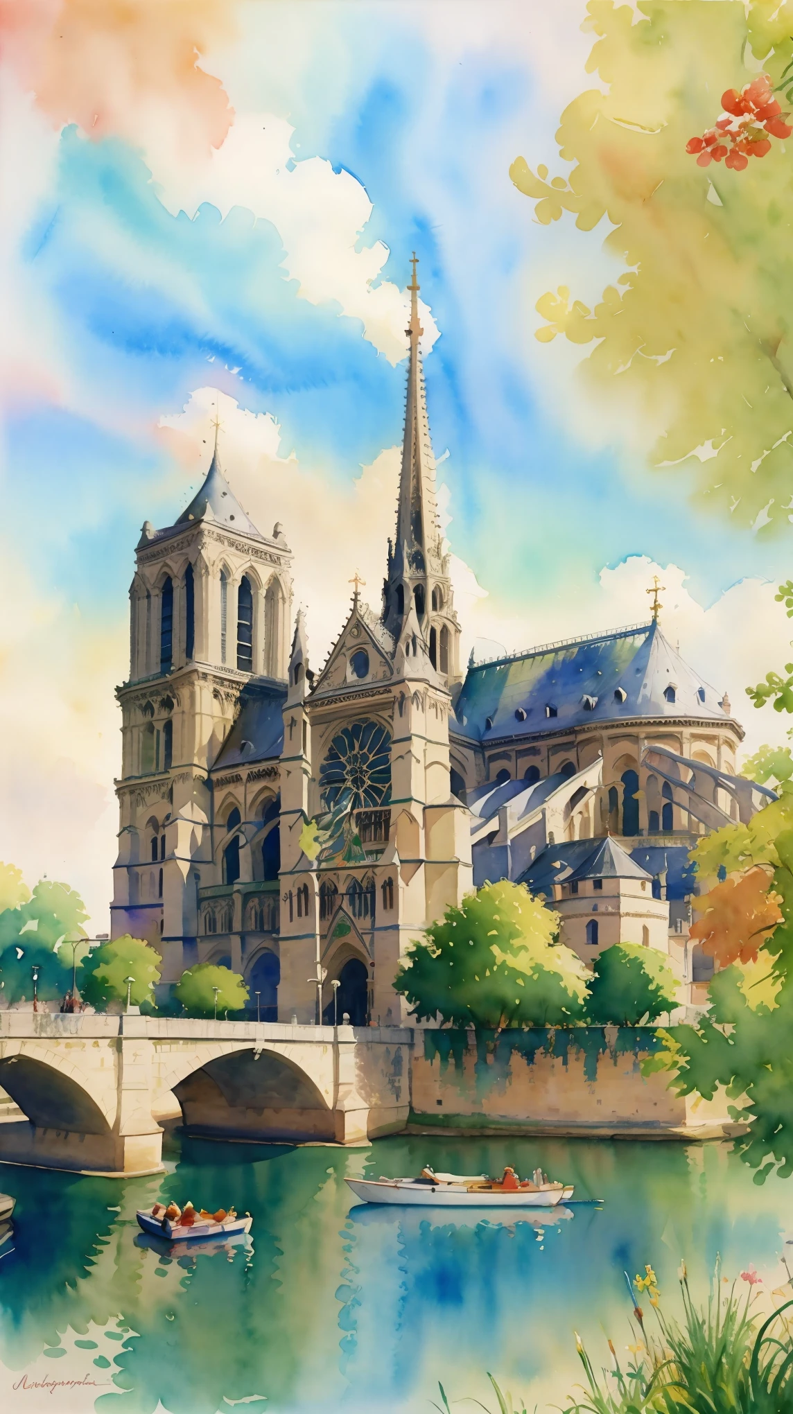 (Watercolor:1.2) Cathedral of Norte dame in Paris, France. River view. Painting in the style of LeRoy Neiman.