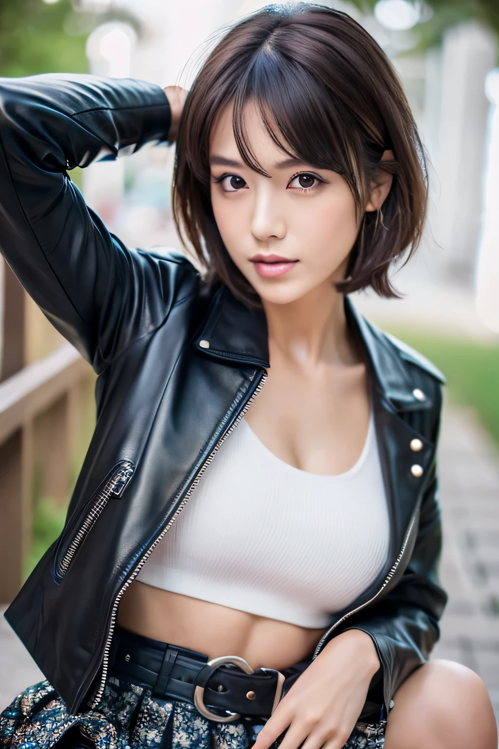 highest quality, 8K, 32K, masterpiece, UHD: 1.3), pictures of attractive japanese women, one girl, (whole body : 1.0), abs, perfect body, (leather jacket:1.0),(skirt:1.1),(boots:1.0),super detailed face, detailed lips, fine eyes, double eyelid,short hair,messy hair,