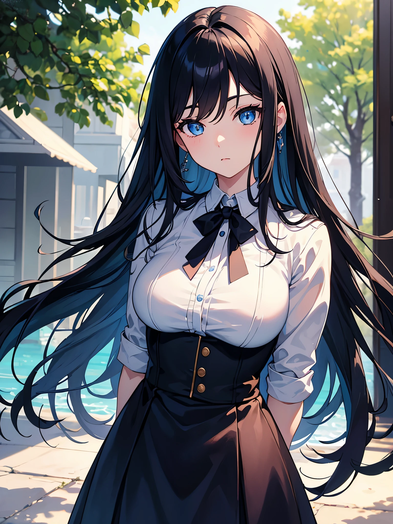 masterpiece, best quality, ultra detailed, illustration, 1 girl, black hair, long hair, large breasts, blue eyes, beautiful detailed eyes, delicate beautiful face, high school uniform, outdoors, (arms behind back), looking at viewer