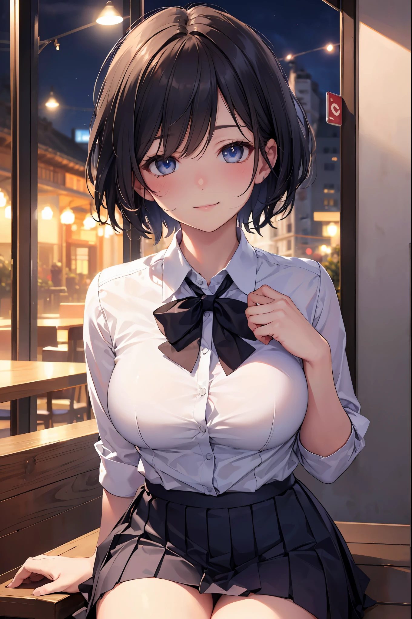 (8k, RAW photo, best quality, masterpiece:1.2), (realistic, photo-realistic:1.37), ultra-detailed,
1 girl,cute, solo,beautiful detailed sky,detailed cafe,night,sitting,dating,(nose blush),(smile:1.1),(closed mouth),large breasts, seductive smile, large aparture, professional lighting, Sony A7R4, Zessie 50mm F1.8,
medium breasts,beautiful detailed eyes,(collared shirt:1.1), bowtie,pleated skirt,(short hair:1.2),floating hair