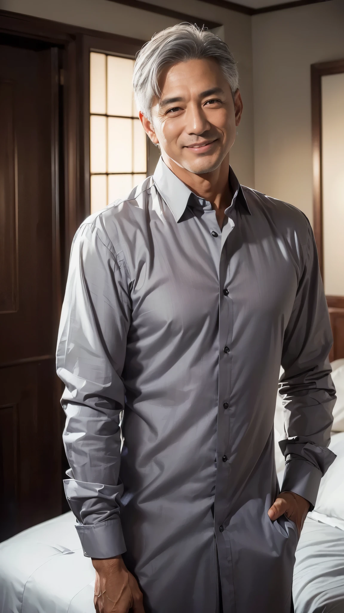 (best qualtiy, master piece, high resolution:1.4), (Photorealistic, raw photo:1.2), (solo), (male:1.5), (asian:1.7), modeled, (handsome:1.3), (dark blown eyes:1.2),shoot from front,smile, (50 years old), (gray hair:1.3), (extra short hair:1.2), (dress shirt:1.3), midnight,(In a room, in luxury hotel)