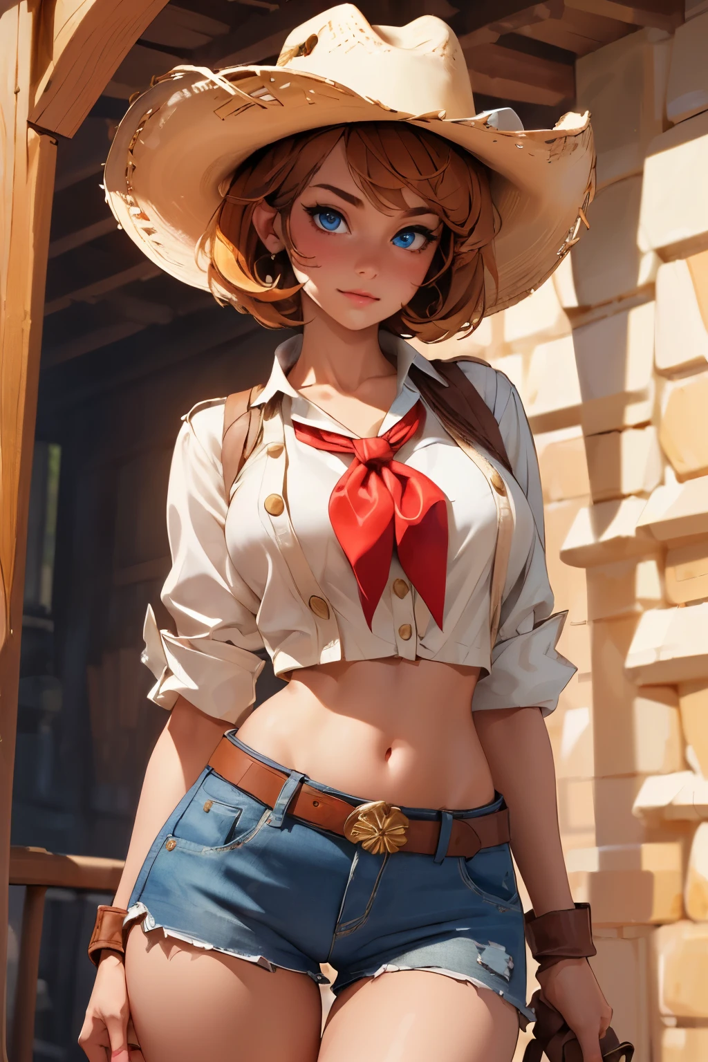 (((((solo))))),(((((masterpiece))))), (((((best quality))))),(((((highly detailed))))), finely detailed, Depth of field,detailed clothes, highres,
1girl, bangs, (beautiful detailed face:1.3), collarbone, collared shirt, ((white shirt)), buttons open to show cleavage, show belly, blue eyes, golden hair, cleavage, ((cowboy)), (cowboy hat:1.3), short gloves. fingerless gloves, hat, medium breasts, navel, neckerchief, red neckerchief, short hair, short shorts, shorts, healthy thighs, gun belt ,cowboy western, sunny desert background, thigh gap