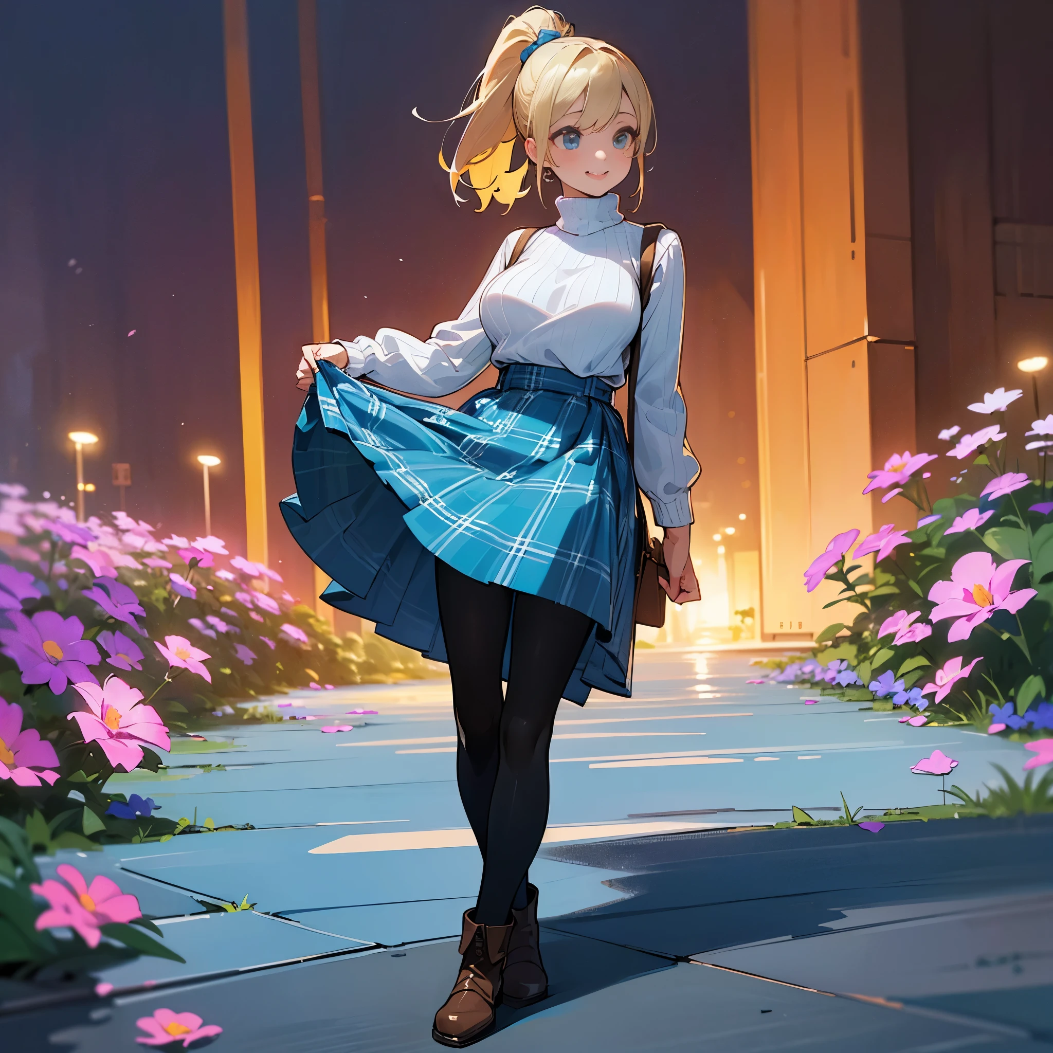 (high quality, high resolution, Super detailed, Reality:1.37), peaceful atmosphere, (outdoor, garden), age girl standing alone, (My breasts are big.), Beautiful detailed features, cute smile, (Blonde ponytail), ribbed sweater, blue plaid skirt, Black tights, brown boots.